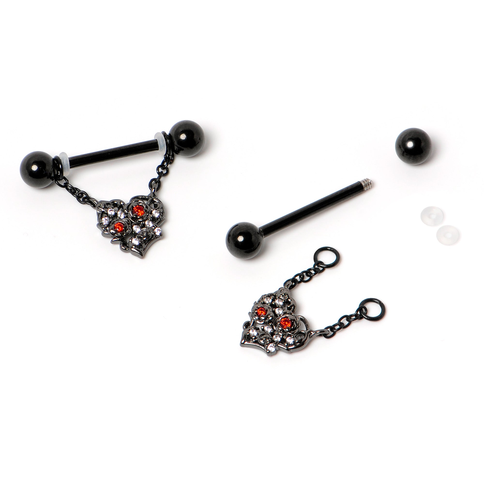 14 Gauge 9/16 Red CZ Gem Black Floral Heart Chain Dangle Nipple Ring Set