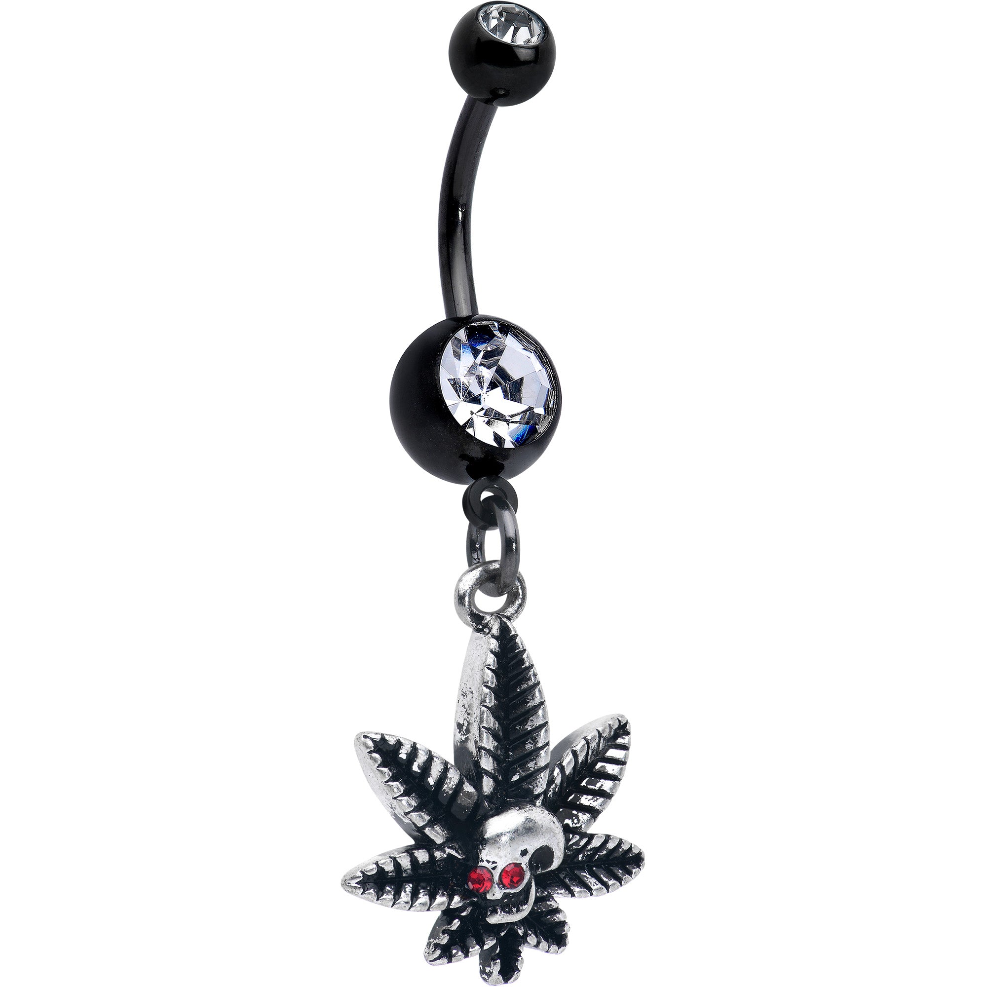 Clear Red Gem Black Pot Leaf Skull Dangle Belly Ring