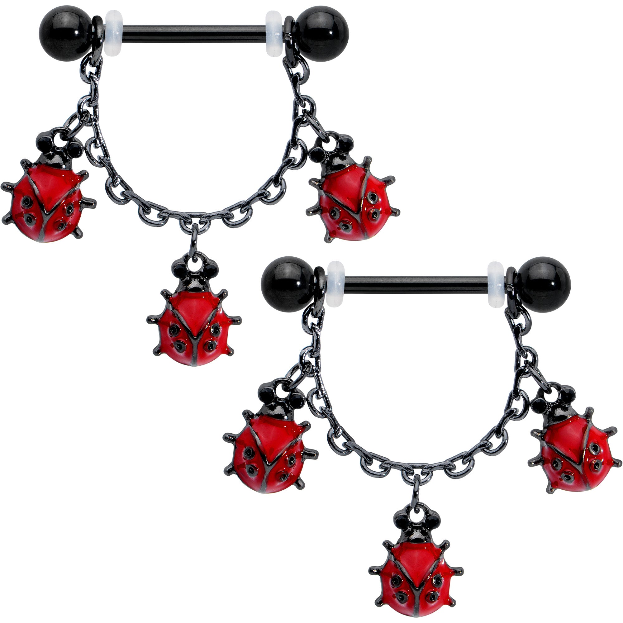 14 Gauge 9/16 Black Classic Ladybug Dangle Nipple Ring Set