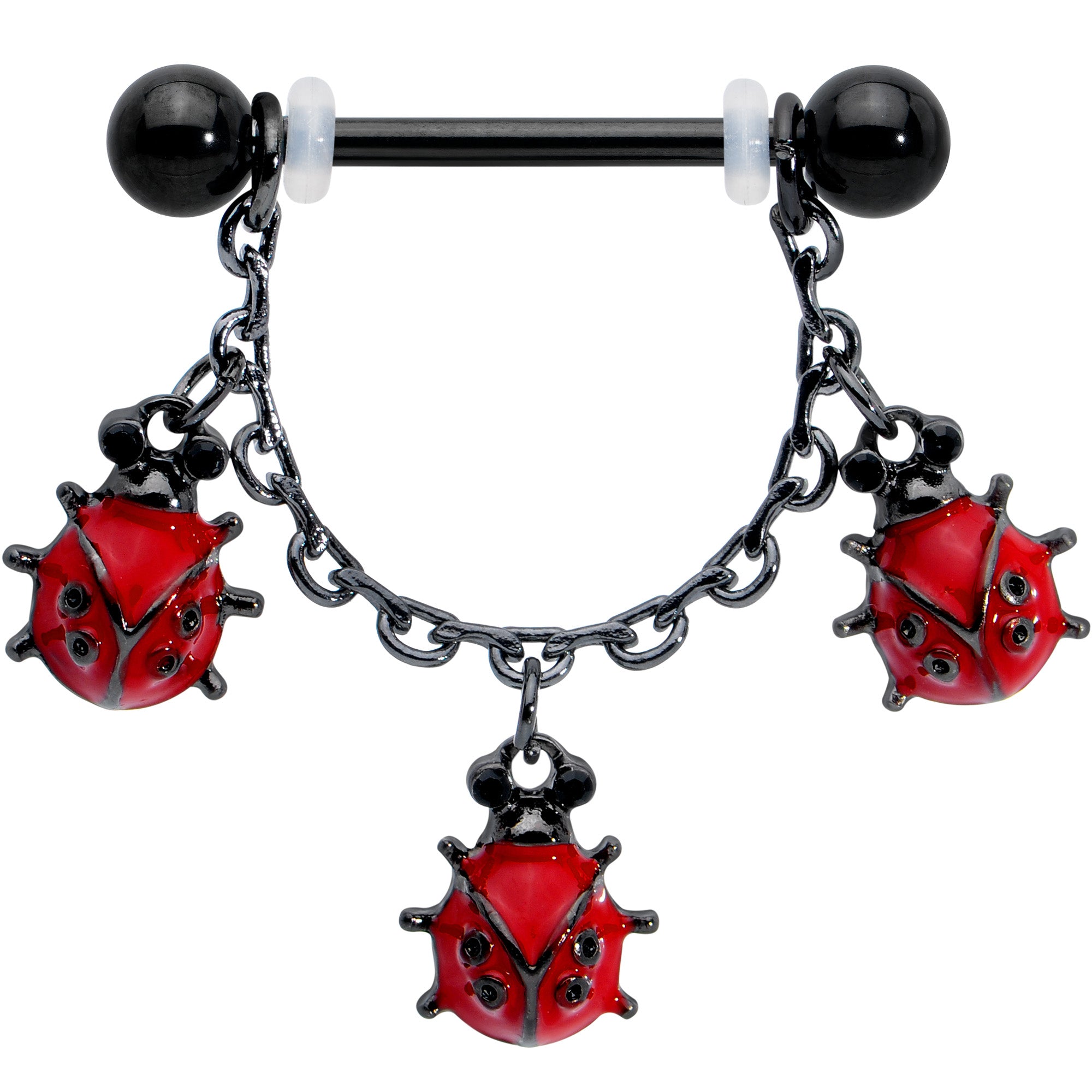 14 Gauge 9/16 Black Classic Ladybug Dangle Nipple Ring Set