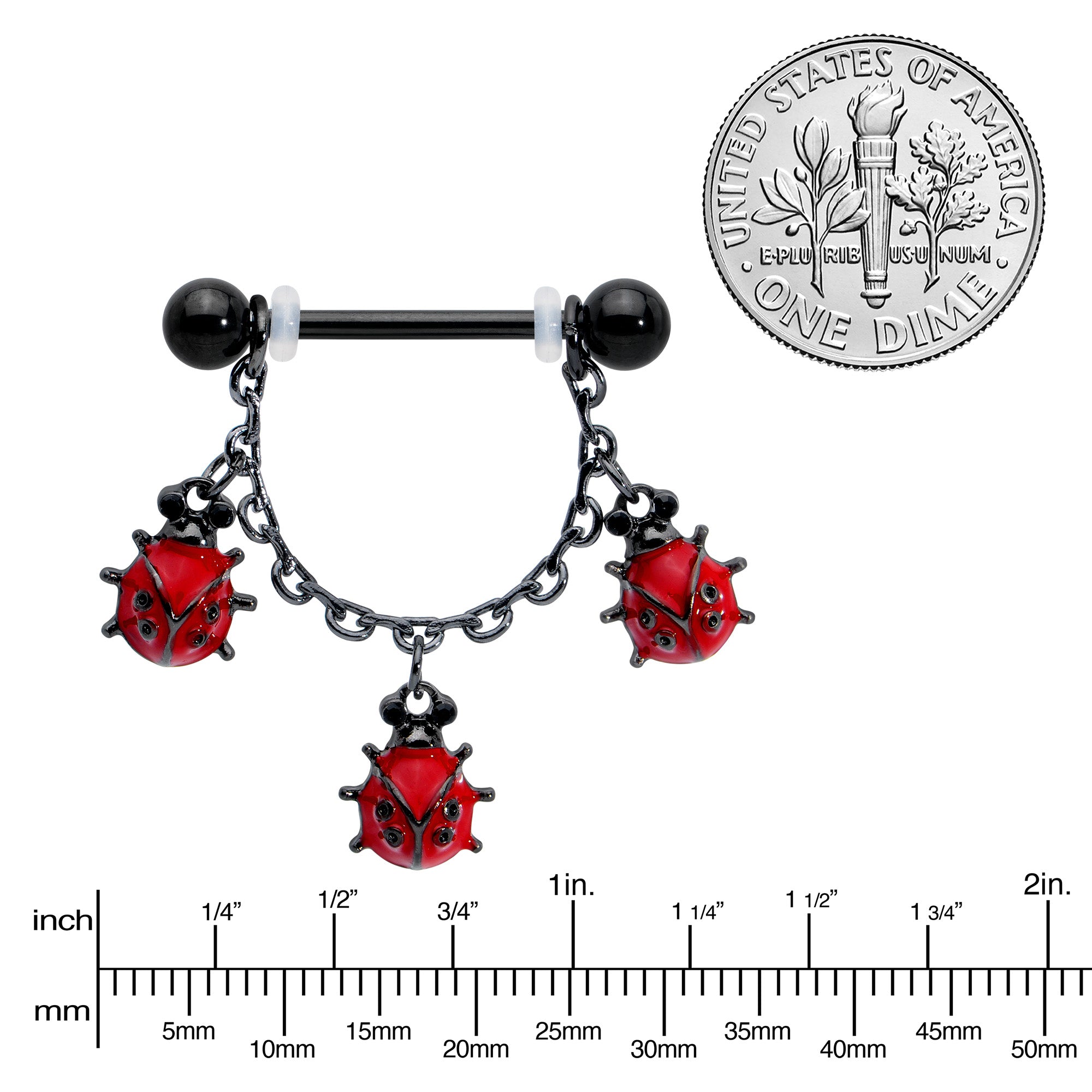 14 Gauge 9/16 Black Classic Ladybug Dangle Nipple Ring Set