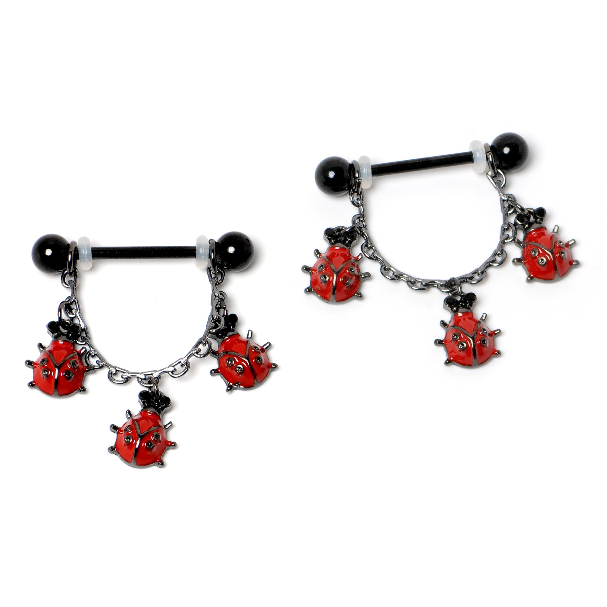 14 Gauge 9/16 Black Classic Ladybug Dangle Nipple Ring Set