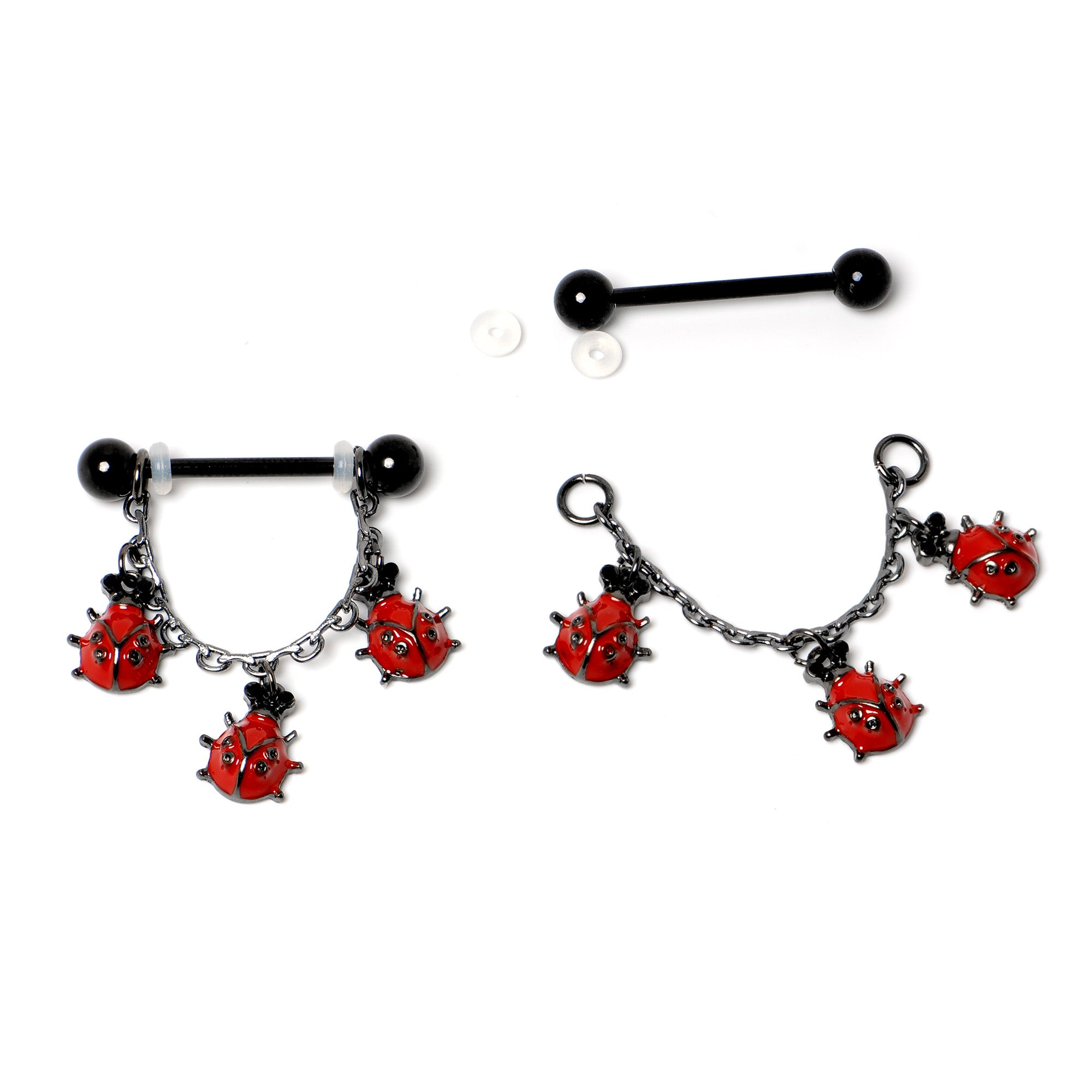 14 Gauge 9/16 Black Classic Ladybug Dangle Nipple Ring Set