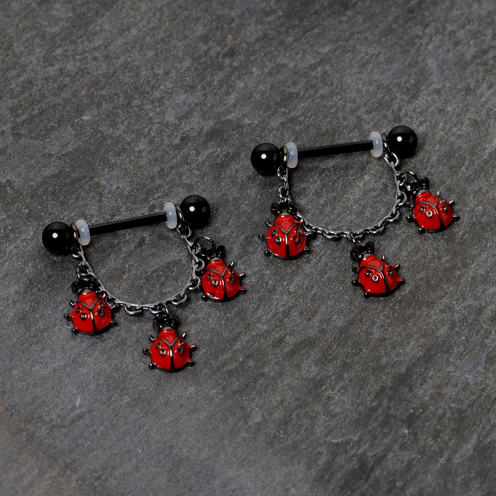 14 Gauge 9/16 Black Classic Ladybug Dangle Nipple Ring Set