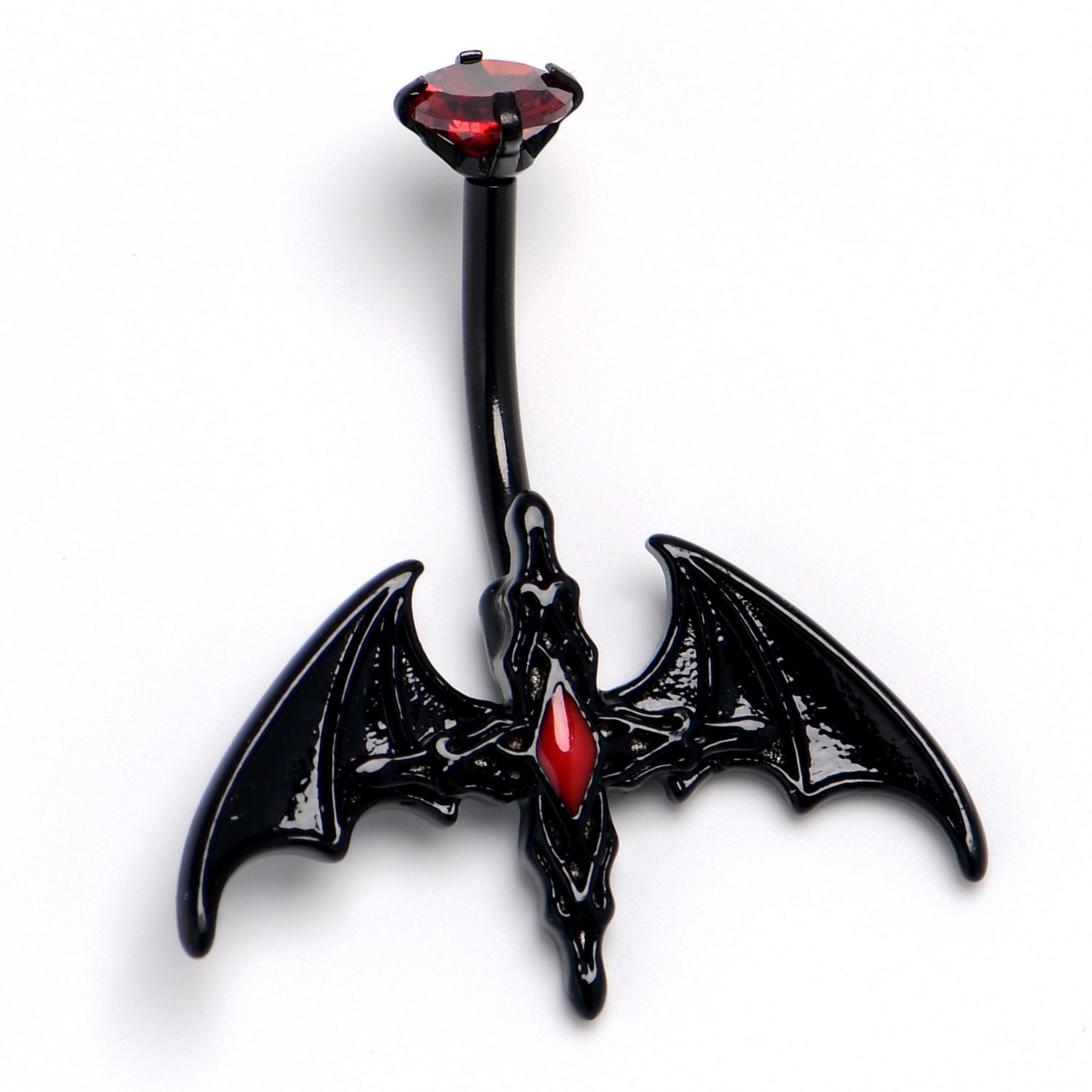 Red Gem Black Soaring Bat Belly Ring