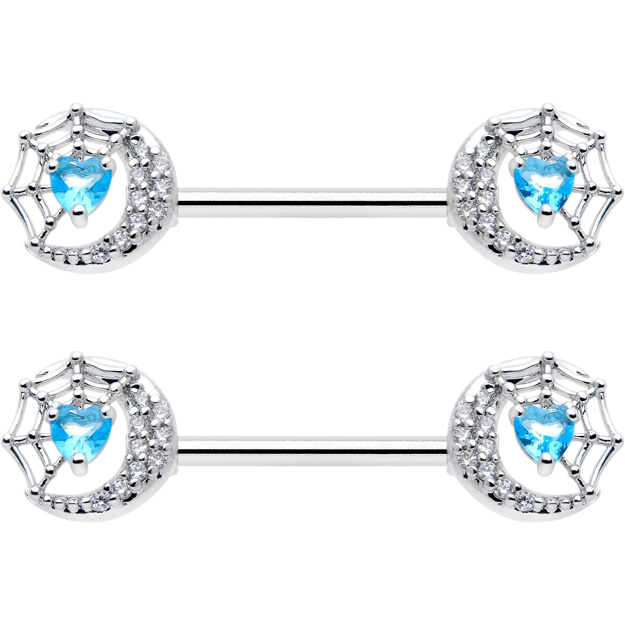 14 Gauge 9/16 Blue CZ Gem Heart Web Moon Barbell Nipple Ring Set