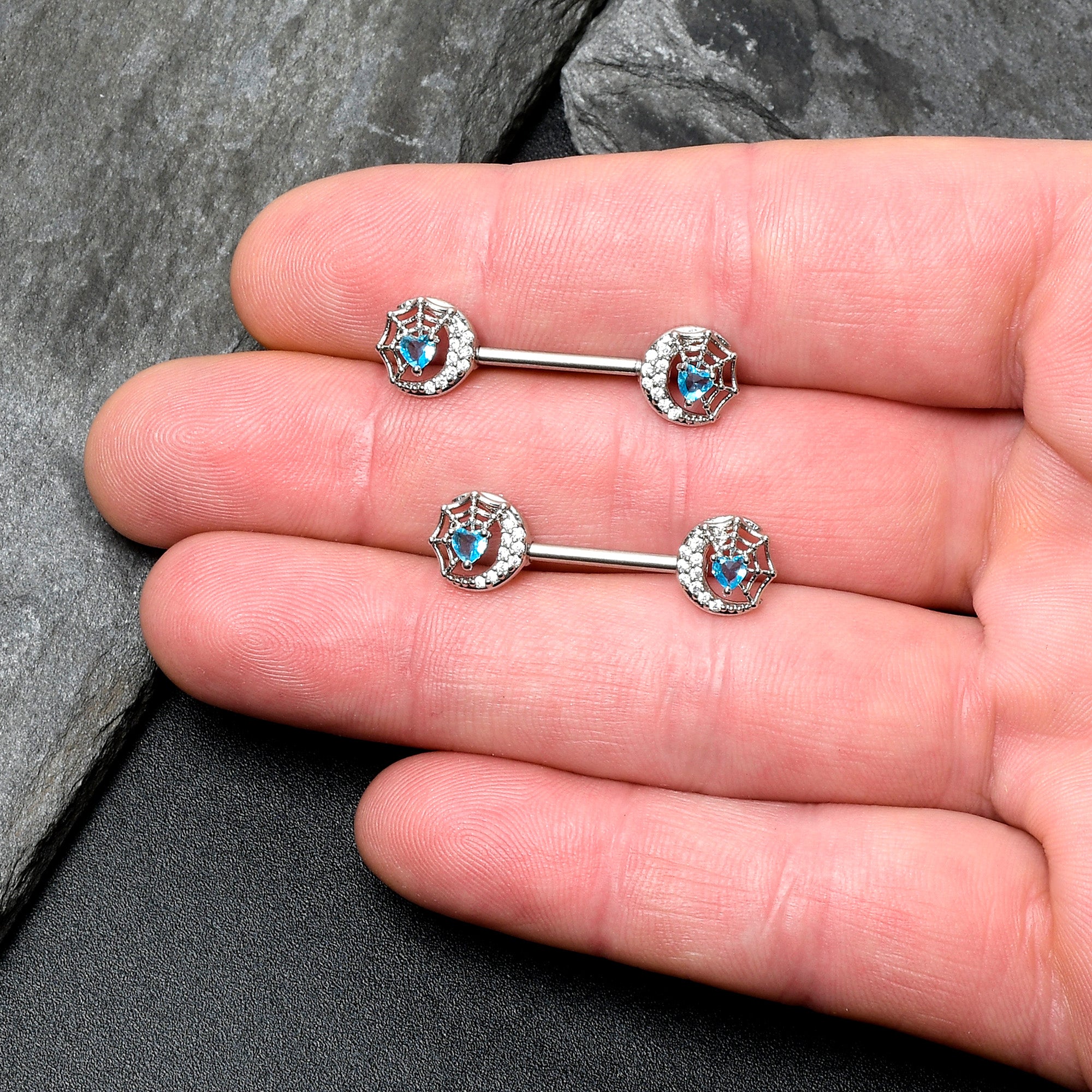 14 Gauge 9/16 Blue CZ Gem Heart Web Moon Barbell Nipple Ring Set