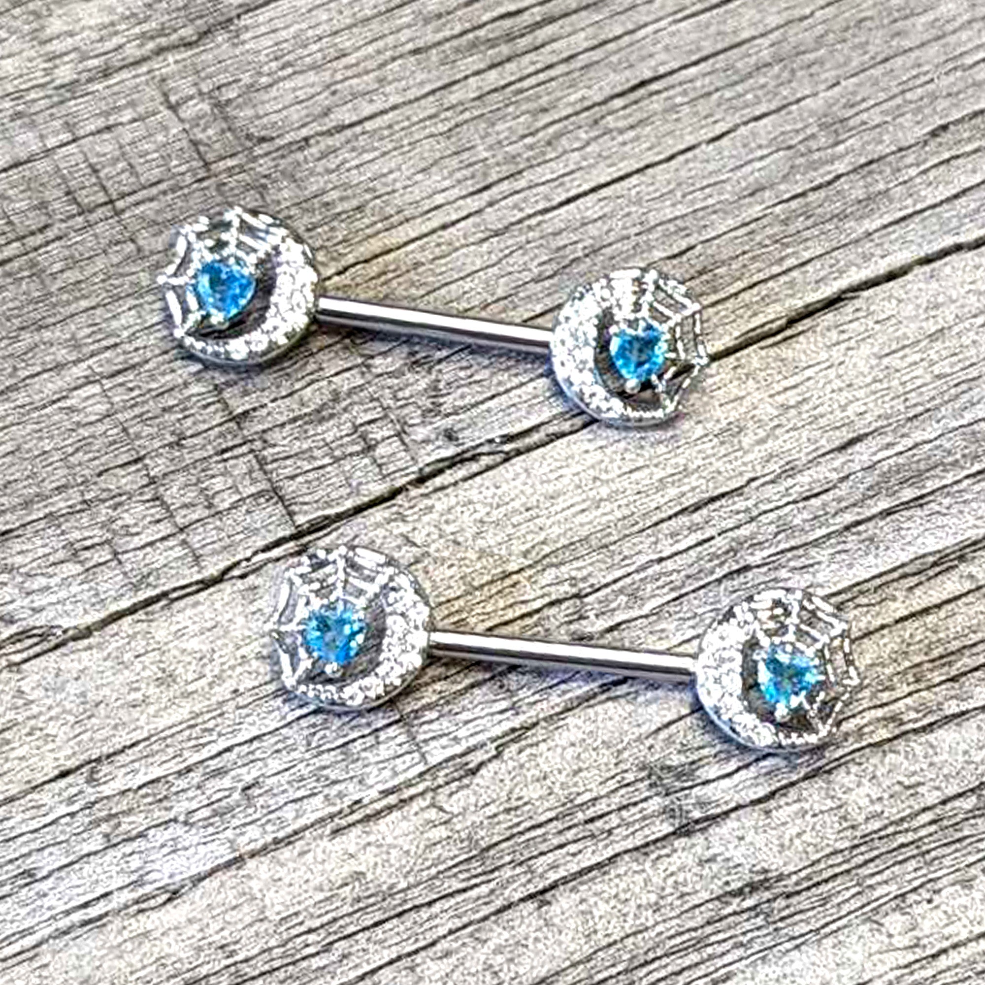 14 Gauge 9/16 Blue CZ Gem Heart Web Moon Barbell Nipple Ring Set