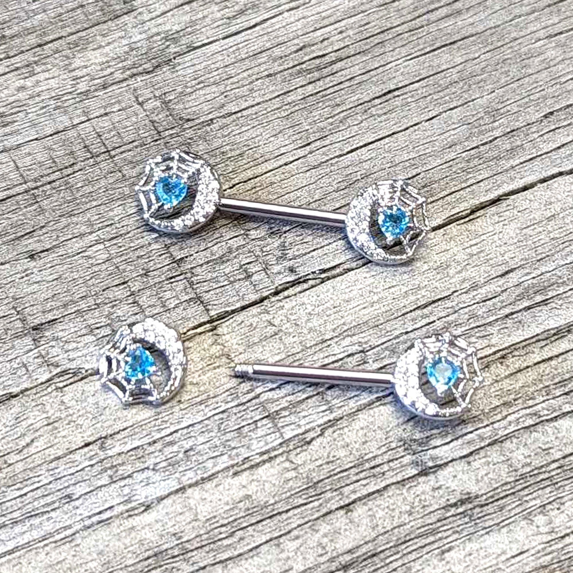 14 Gauge 9/16 Blue CZ Gem Heart Web Moon Barbell Nipple Ring Set