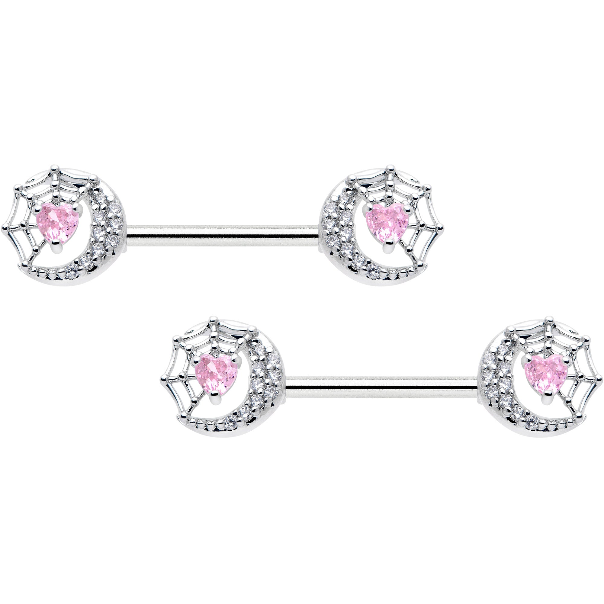 14 Gauge 9/16 Pink CZ Gem Heart Web Moon Barbell Nipple Ring Set