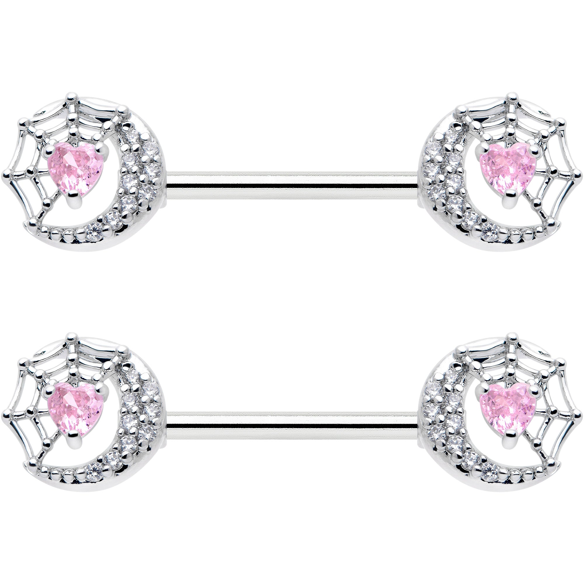 14 Gauge 9/16 Pink CZ Gem Heart Web Moon Barbell Nipple Ring Set