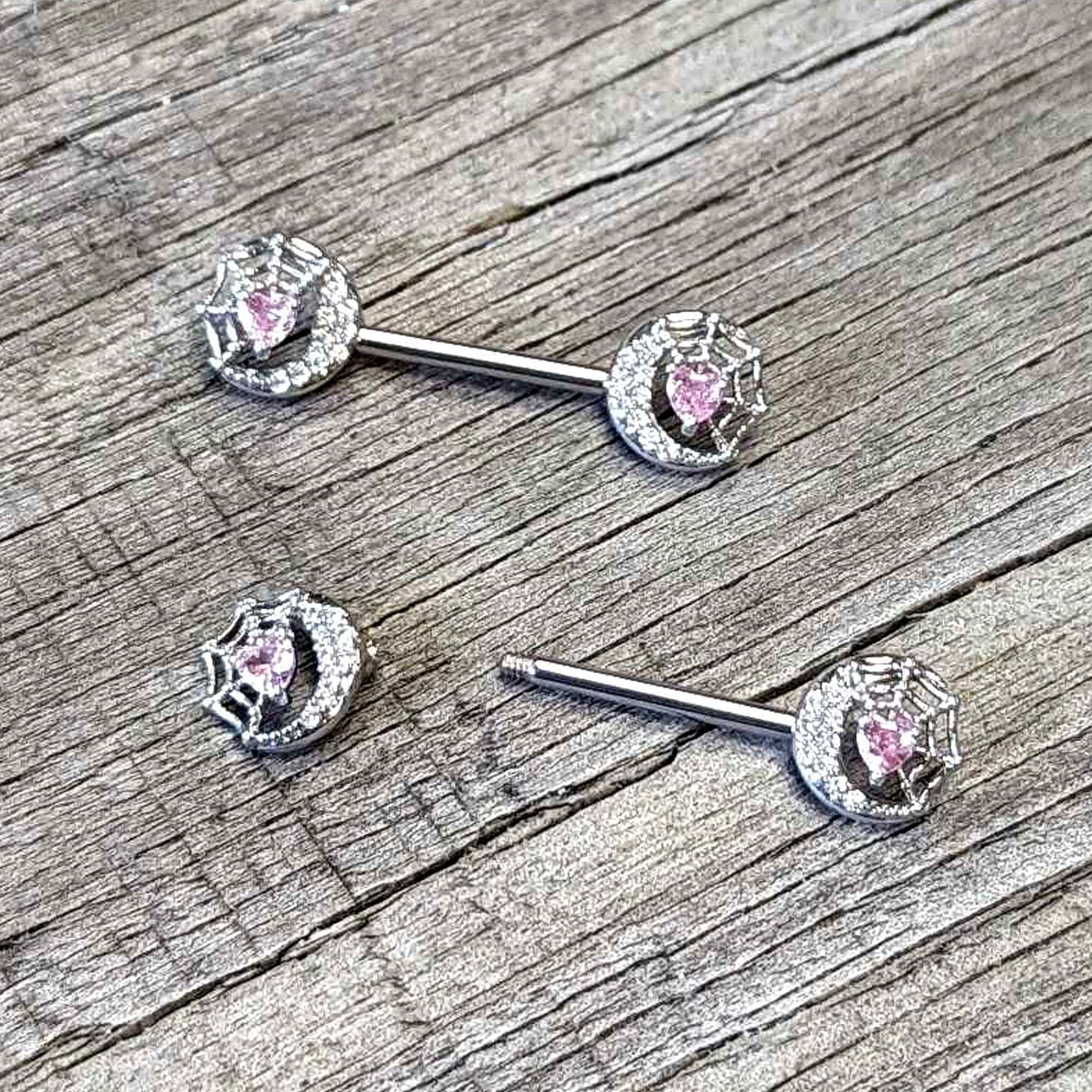 14 Gauge 9/16 Pink CZ Gem Heart Web Moon Barbell Nipple Ring Set