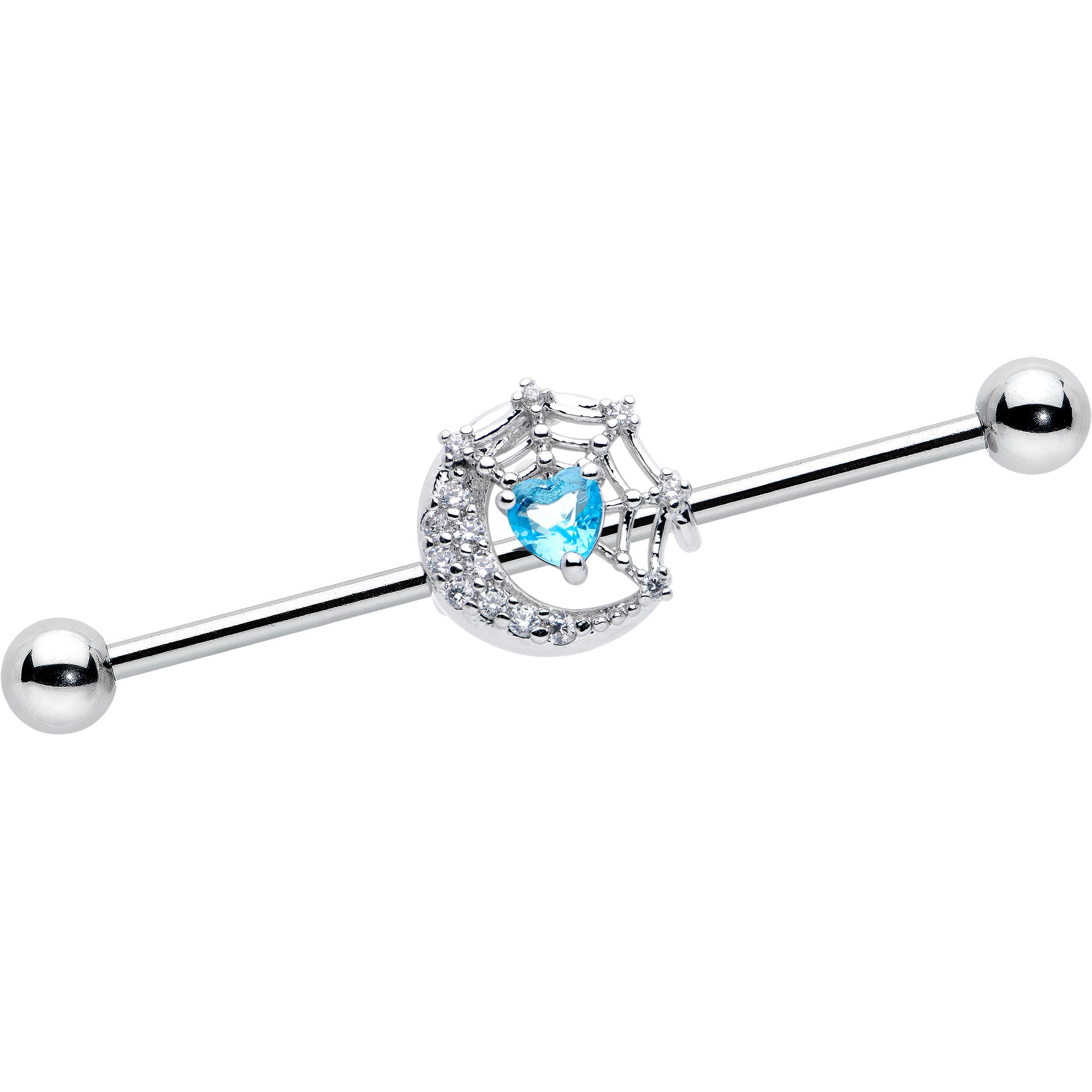 14 Gauge Blue CZ Gem Heart Web Moon Industrial Barbell 38mm