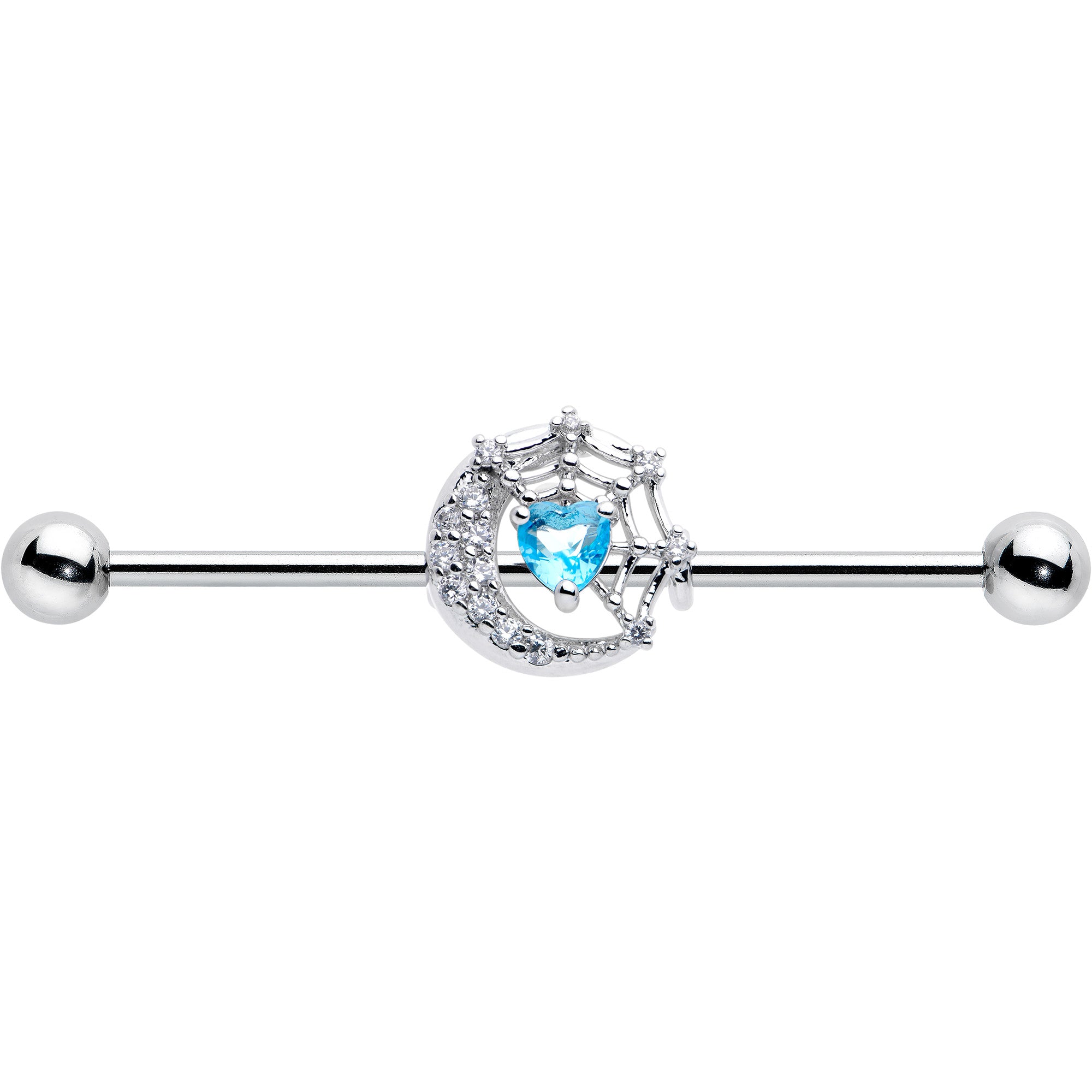 14 Gauge Blue CZ Gem Heart Web Moon Industrial Barbell 38mm