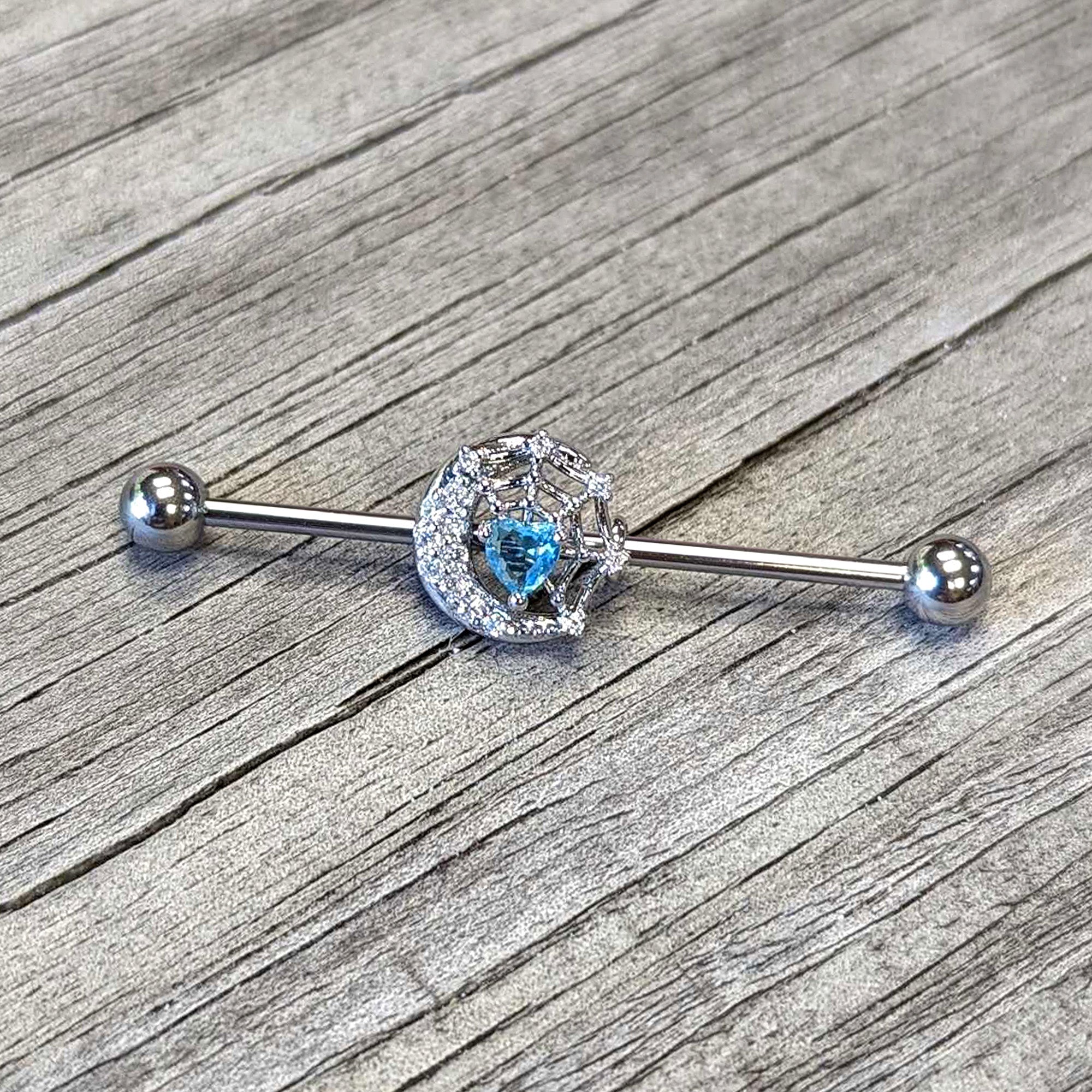 14 Gauge Blue CZ Gem Heart Web Moon Industrial Barbell 38mm