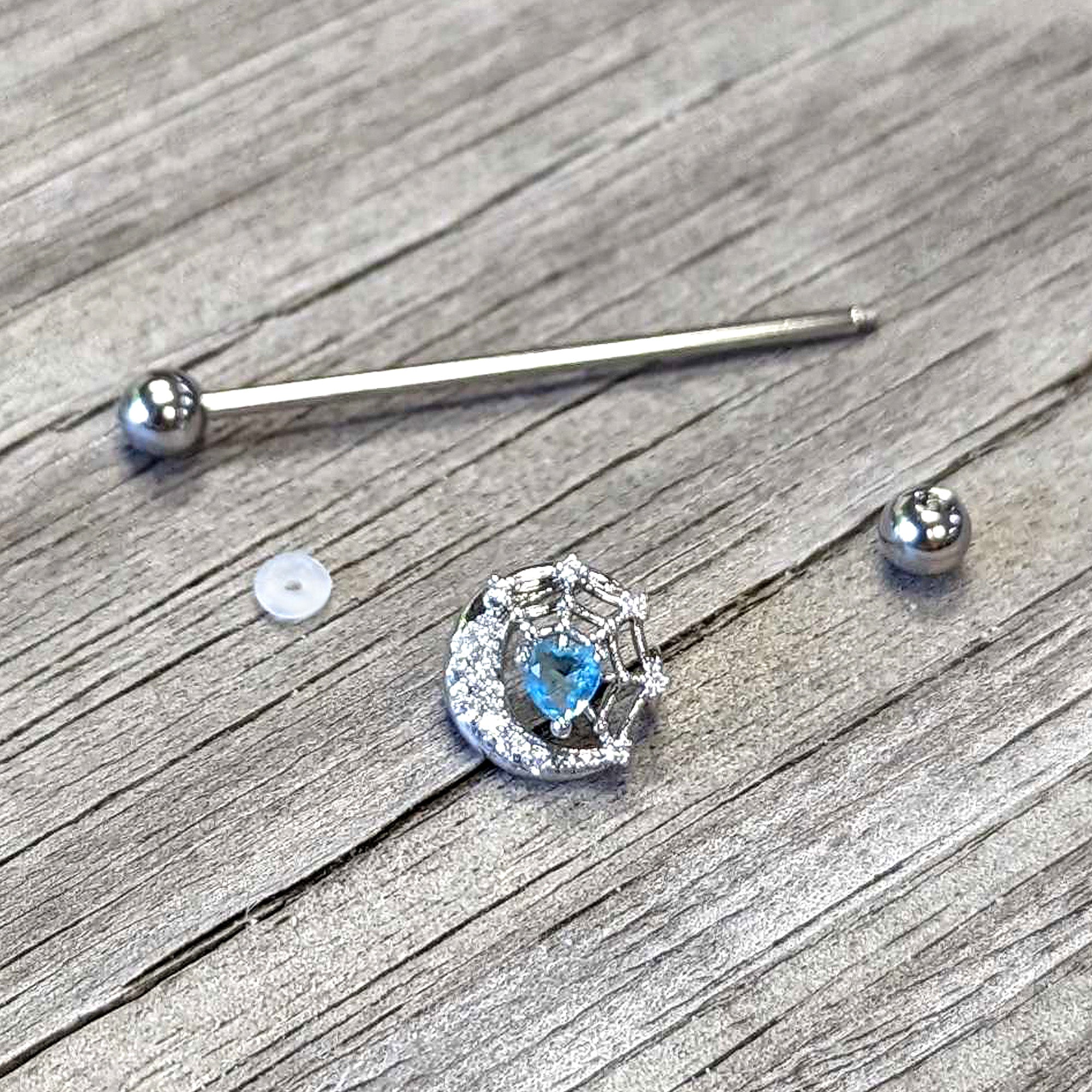 14 Gauge Blue CZ Gem Heart Web Moon Industrial Barbell 38mm