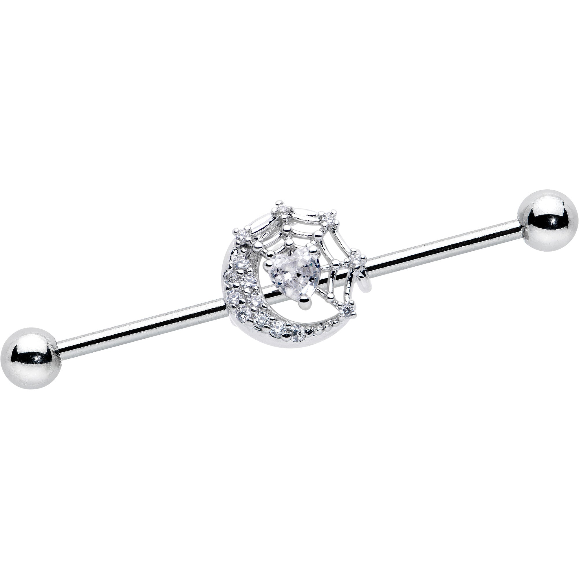 14 Gauge Clear CZ Gem Heart Web Moon Industrial Barbell 38mm