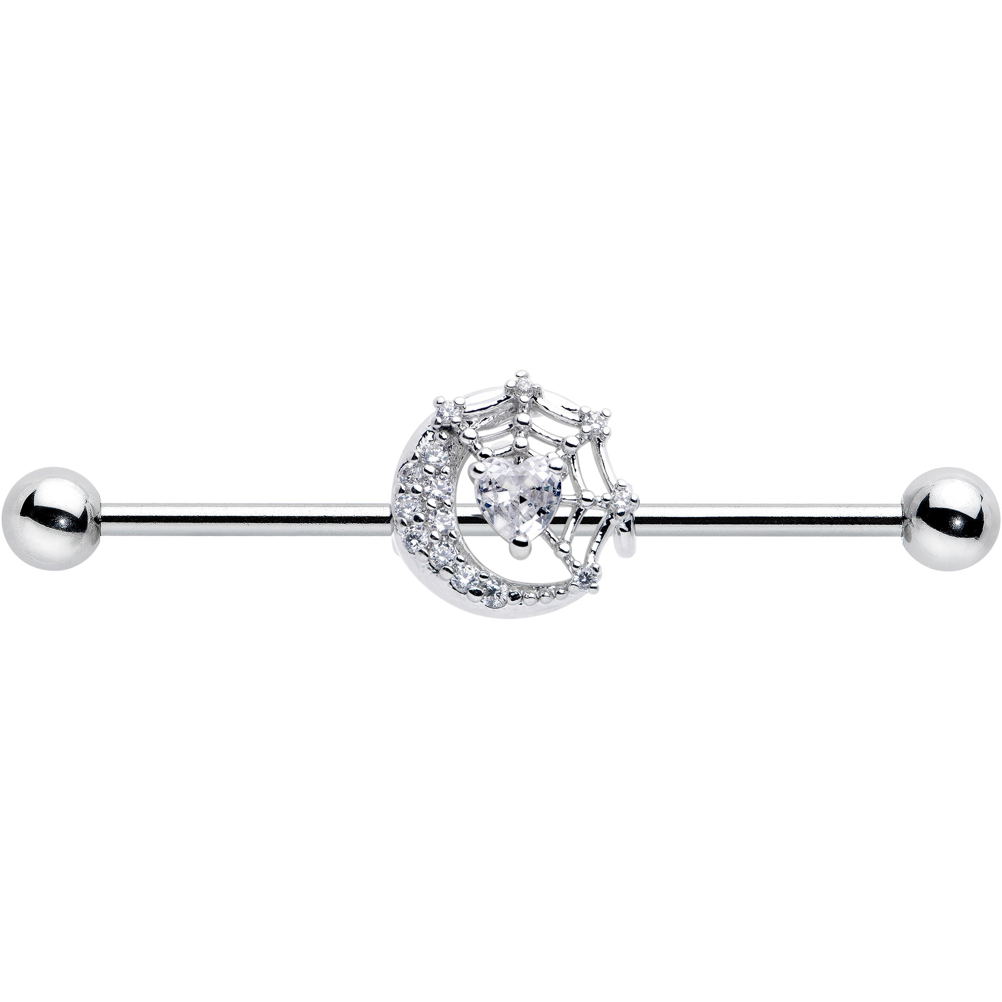 14 Gauge Clear CZ Gem Heart Web Moon Industrial Barbell 38mm