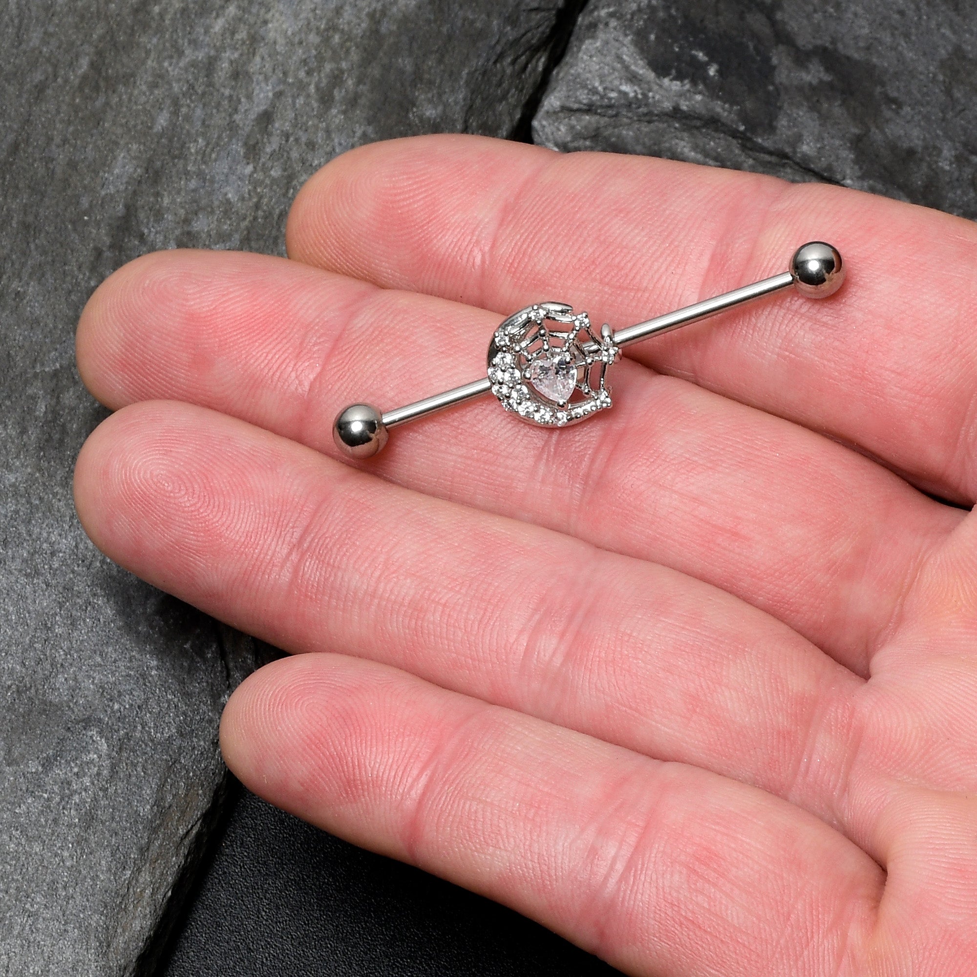 14 Gauge Clear CZ Gem Heart Web Moon Industrial Barbell 38mm