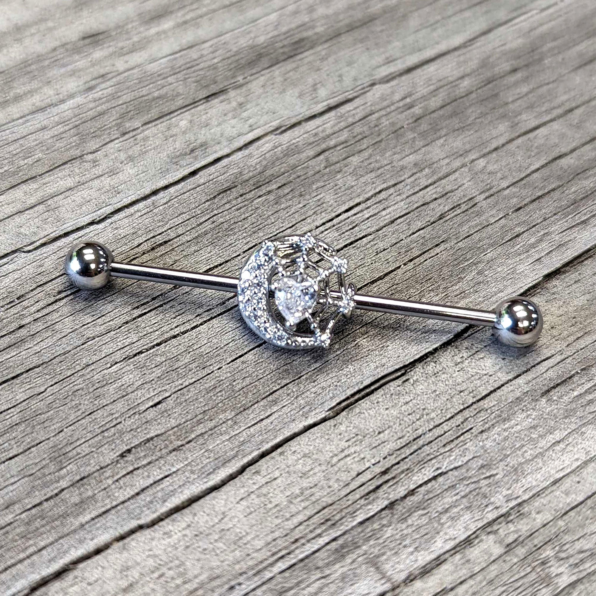 14 Gauge Clear CZ Gem Heart Web Moon Industrial Barbell 38mm