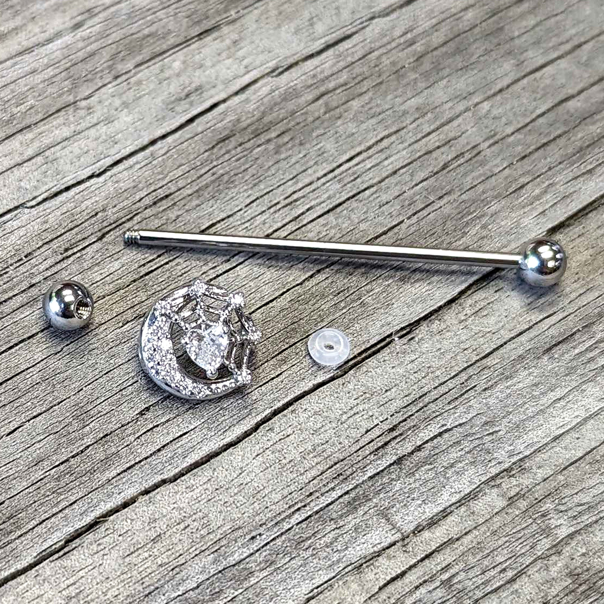 14 Gauge Clear CZ Gem Heart Web Moon Industrial Barbell 38mm