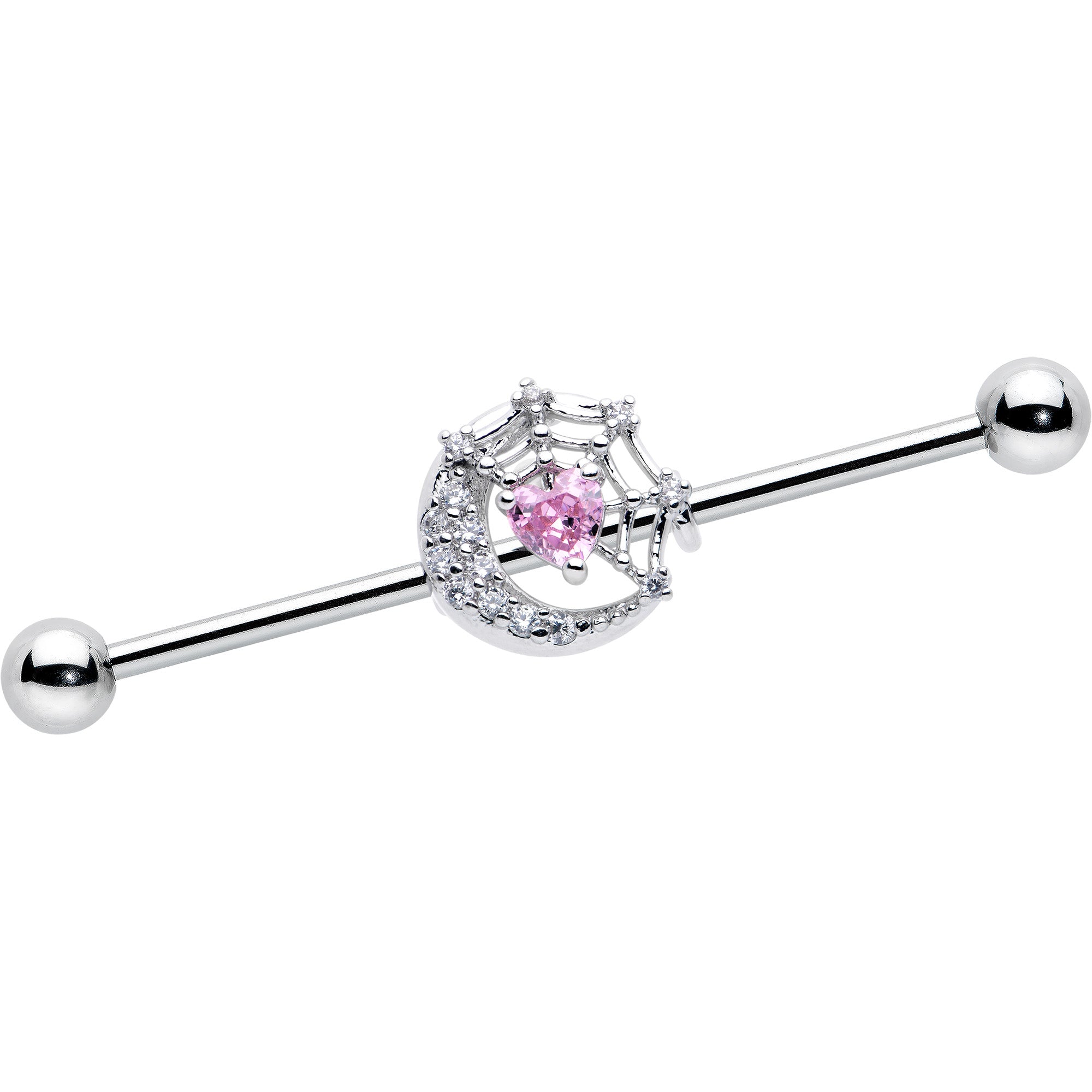 14 Gauge Pink CZ Gem Heart Web Moon Industrial Barbell 38mm