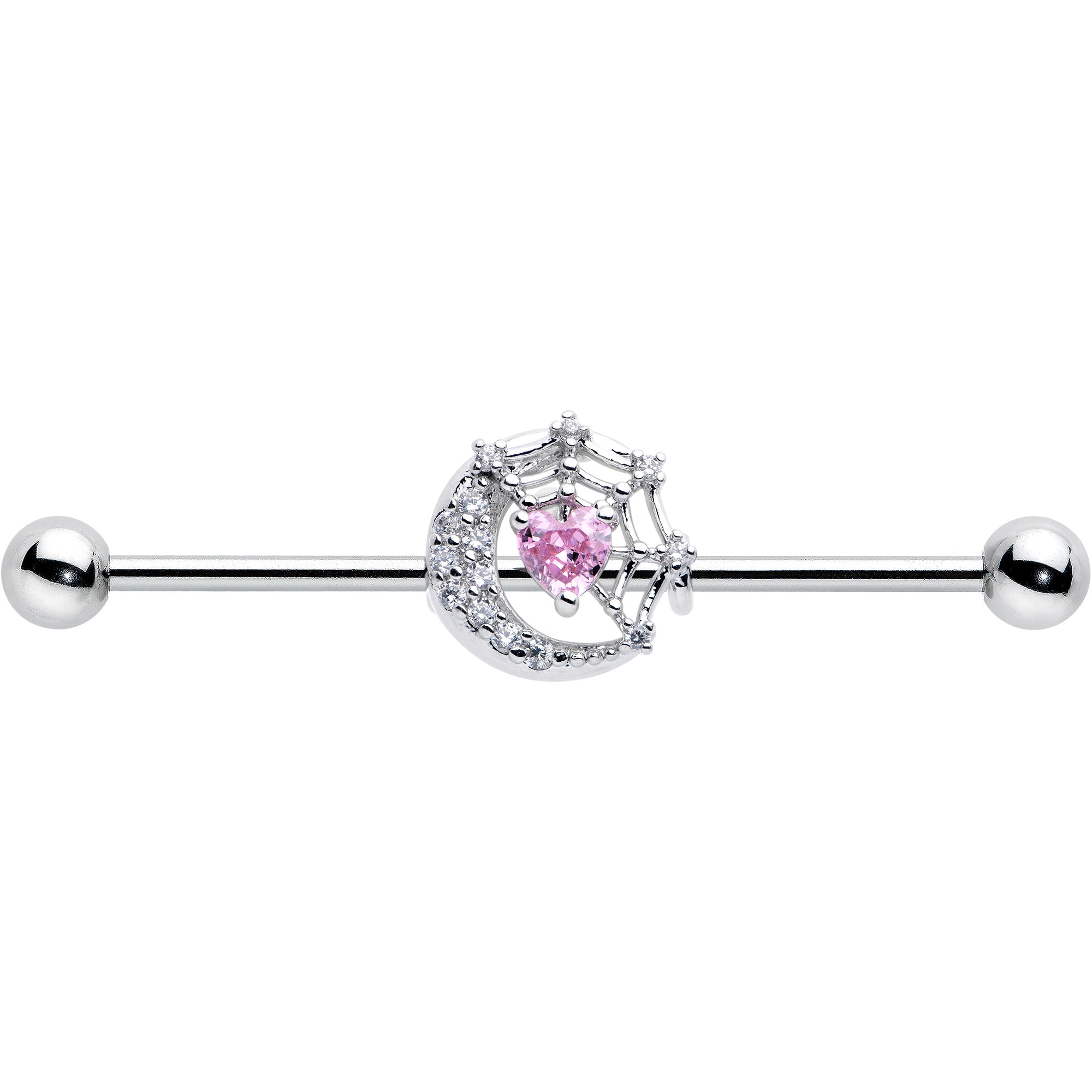 14 Gauge Pink CZ Gem Heart Web Moon Industrial Barbell 38mm