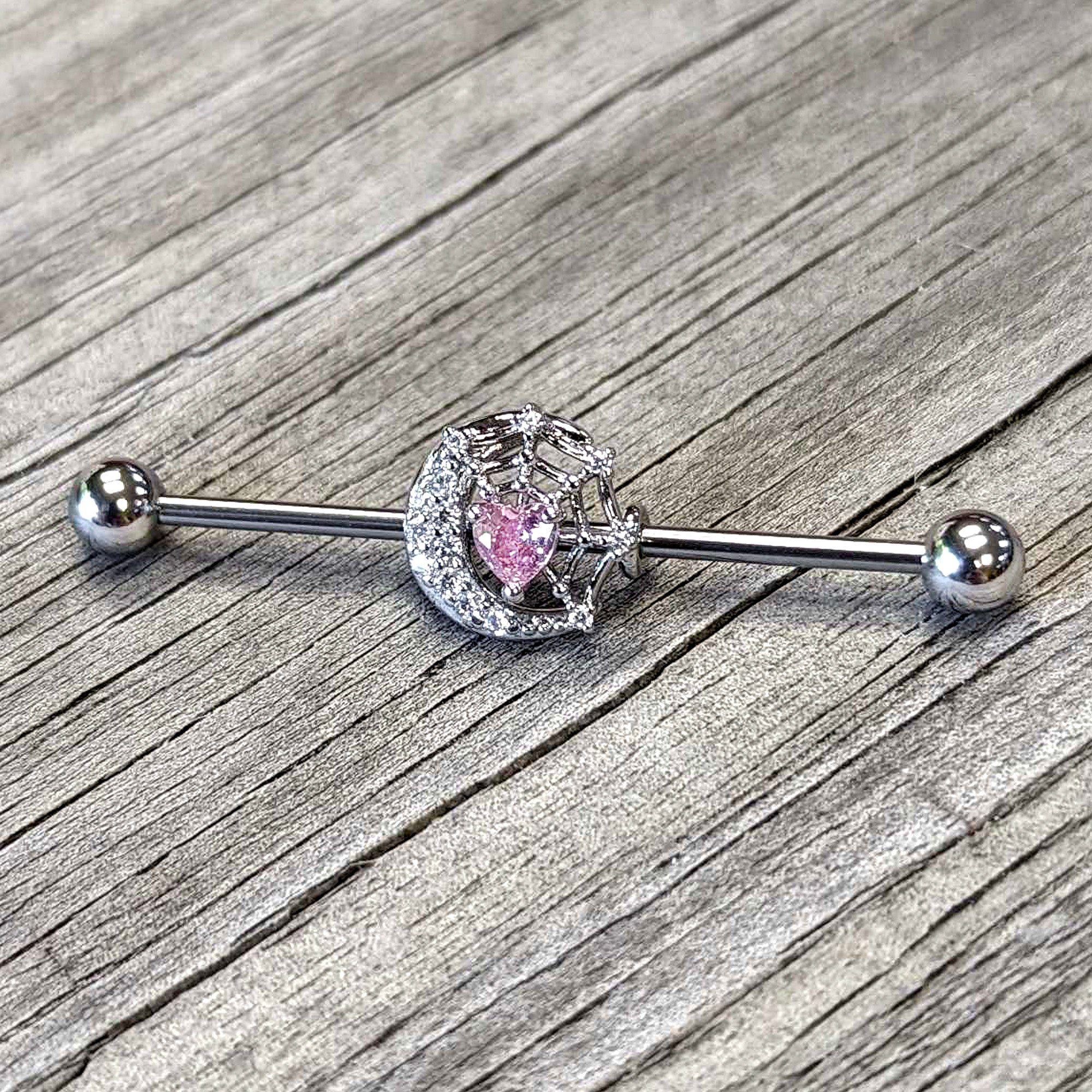 14 Gauge Pink CZ Gem Heart Web Moon Industrial Barbell 38mm