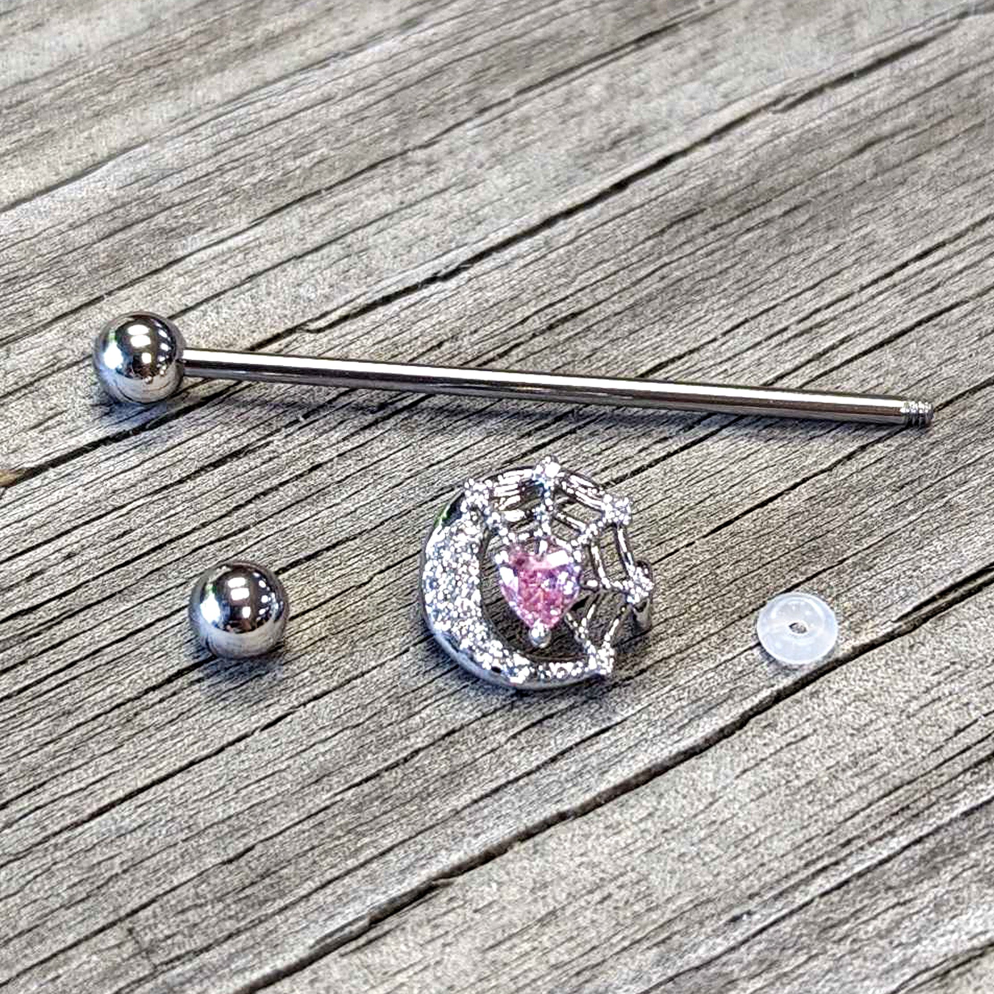 14 Gauge Pink CZ Gem Heart Web Moon Industrial Barbell 38mm