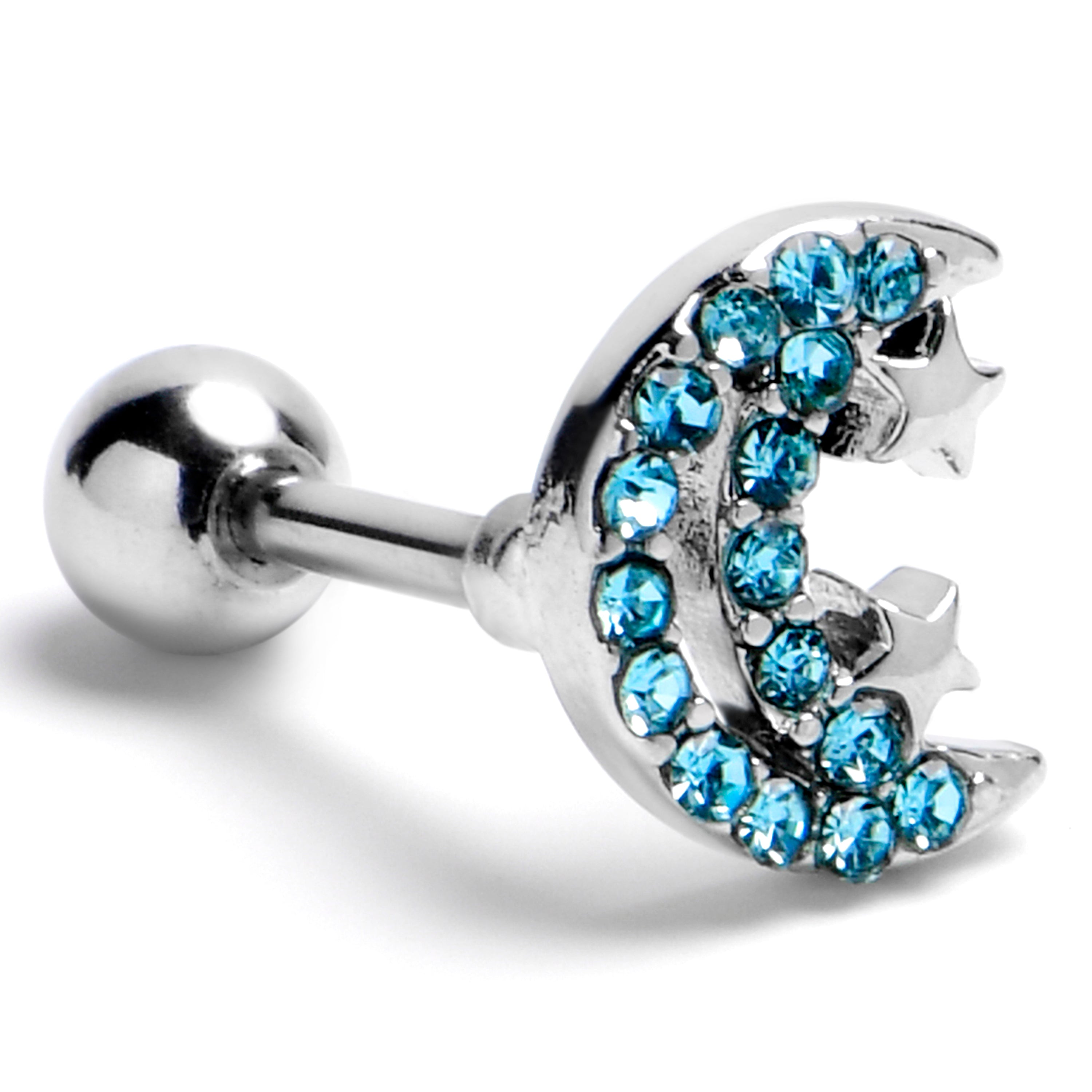 16 Gauge 1/4 Blue Gem Starry Crescent Moon Cartilage Tragus Earring