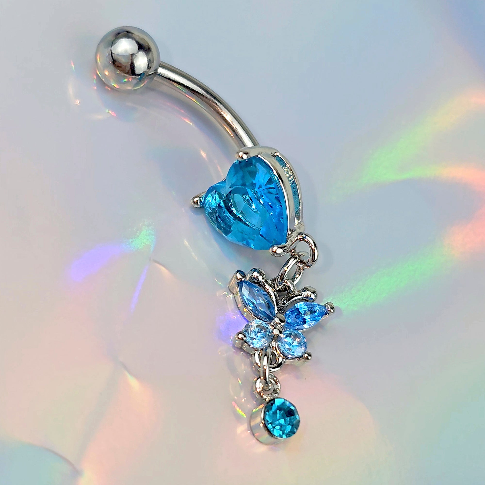 Blue Gem Butterfly Have A Heart Dangle Belly Ring