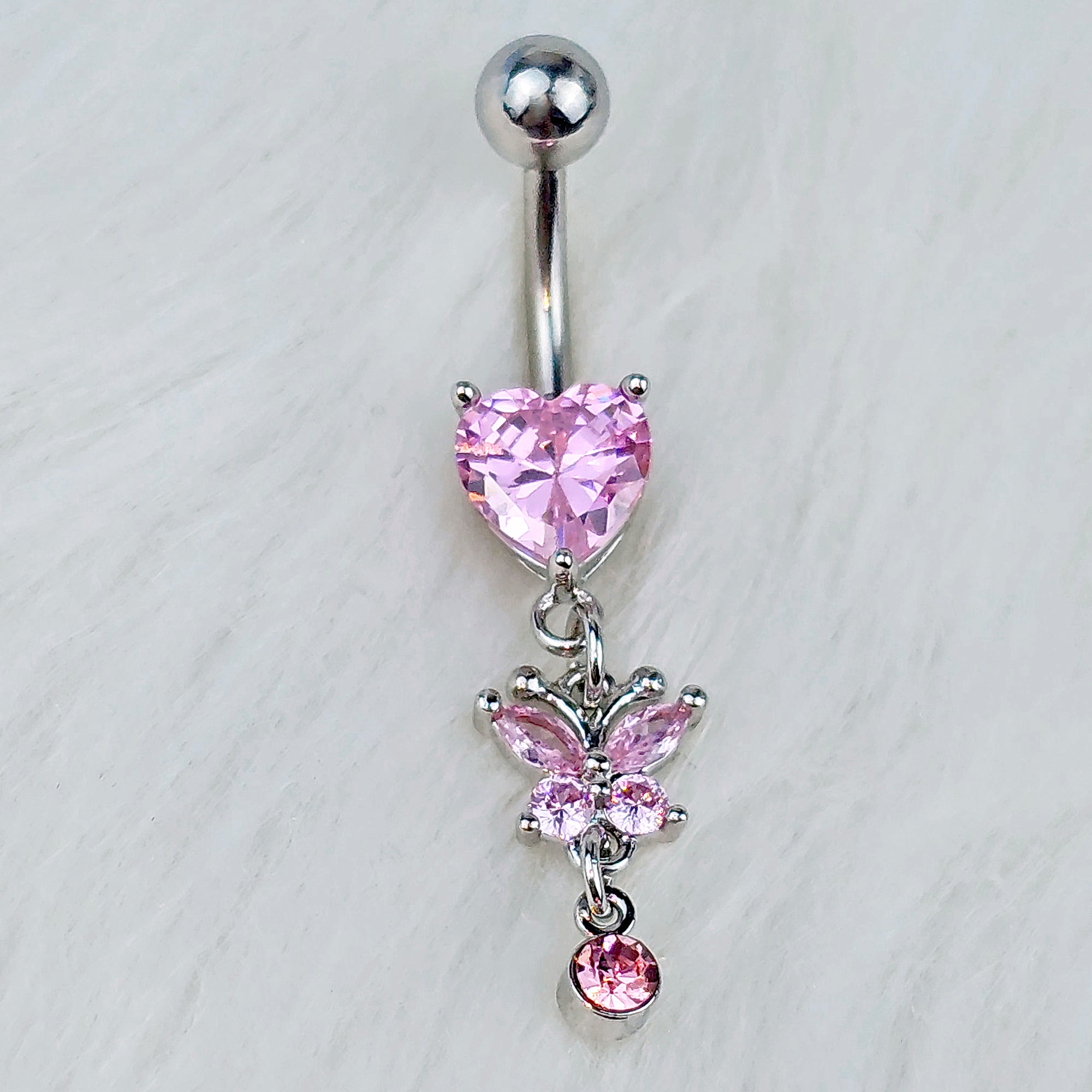 Pink Gem Butterfly Have A Heart Dangle Belly Ring