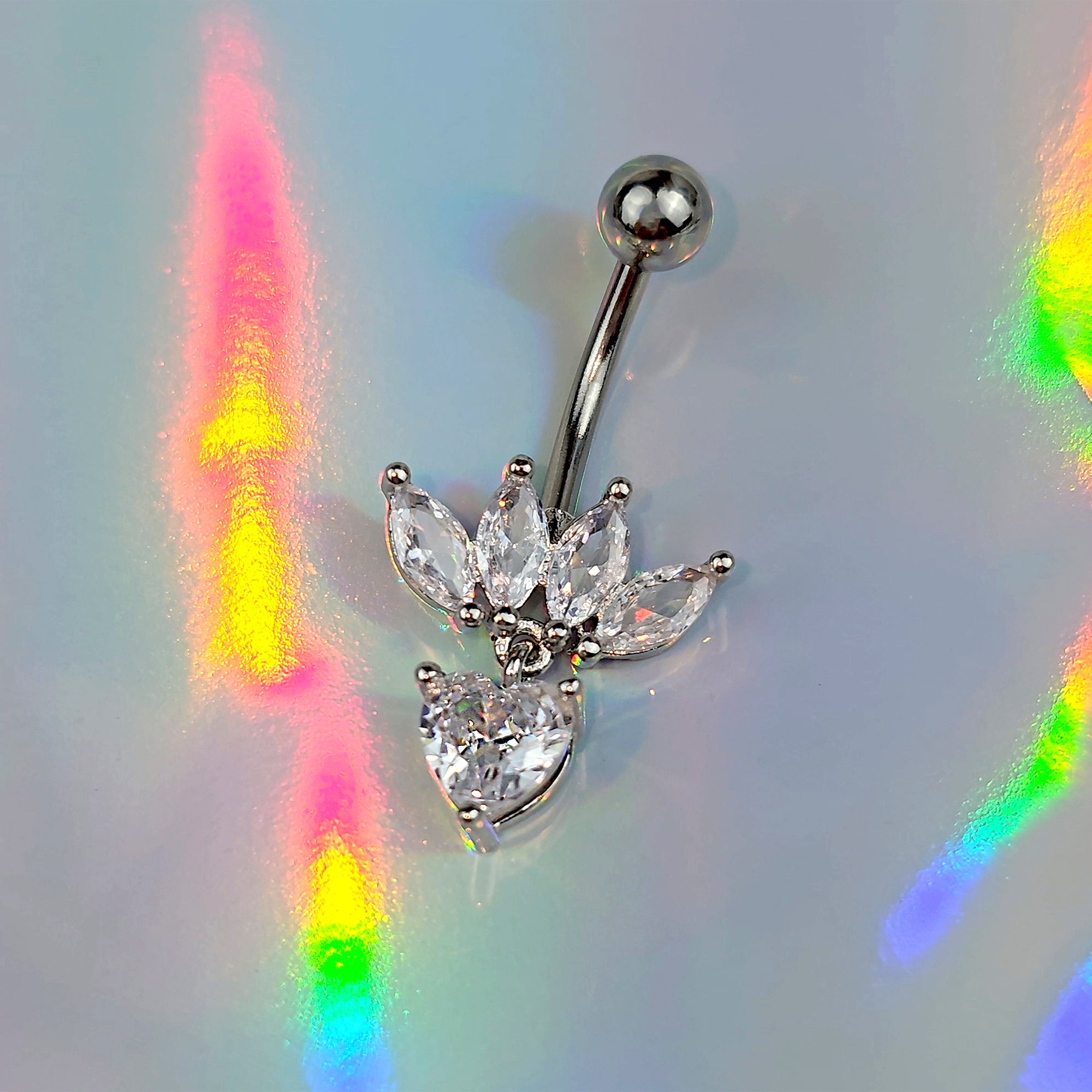 Clear Gem Quartet Heart Dangle Belly Ring