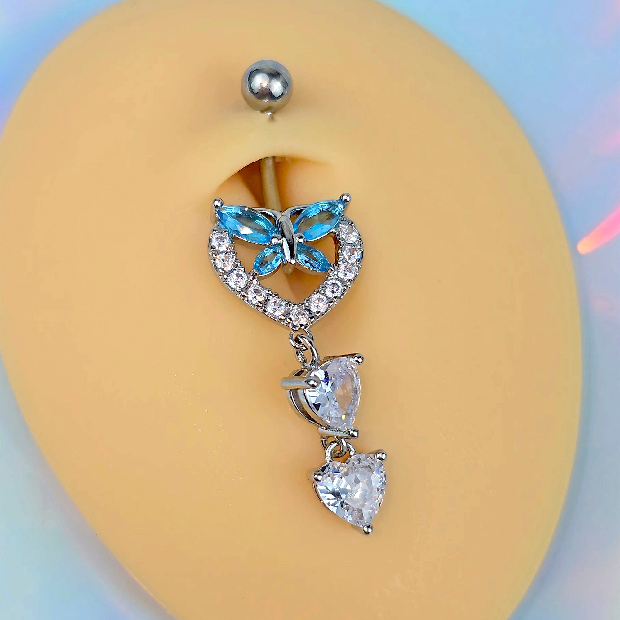 Blue Clear Gem Butterfly Hearts Of Love Dangle Belly Ring