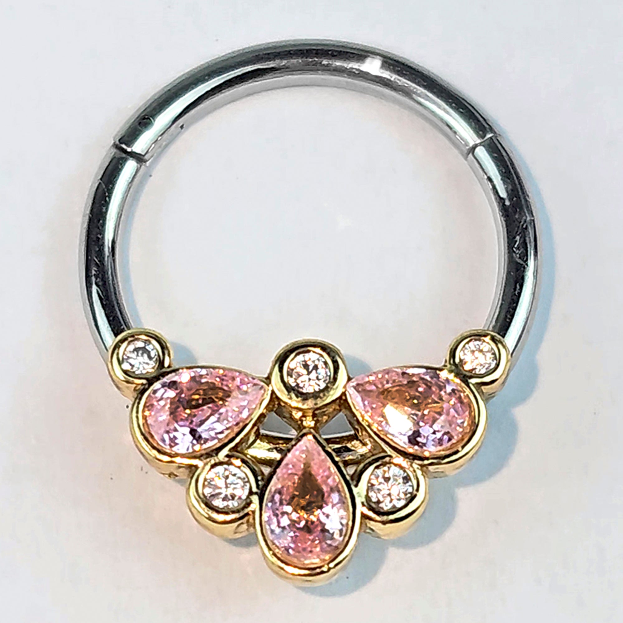 16 Gauge 3/8 Pink Gem Golden Crown Deluxe Hinged Segment Ring