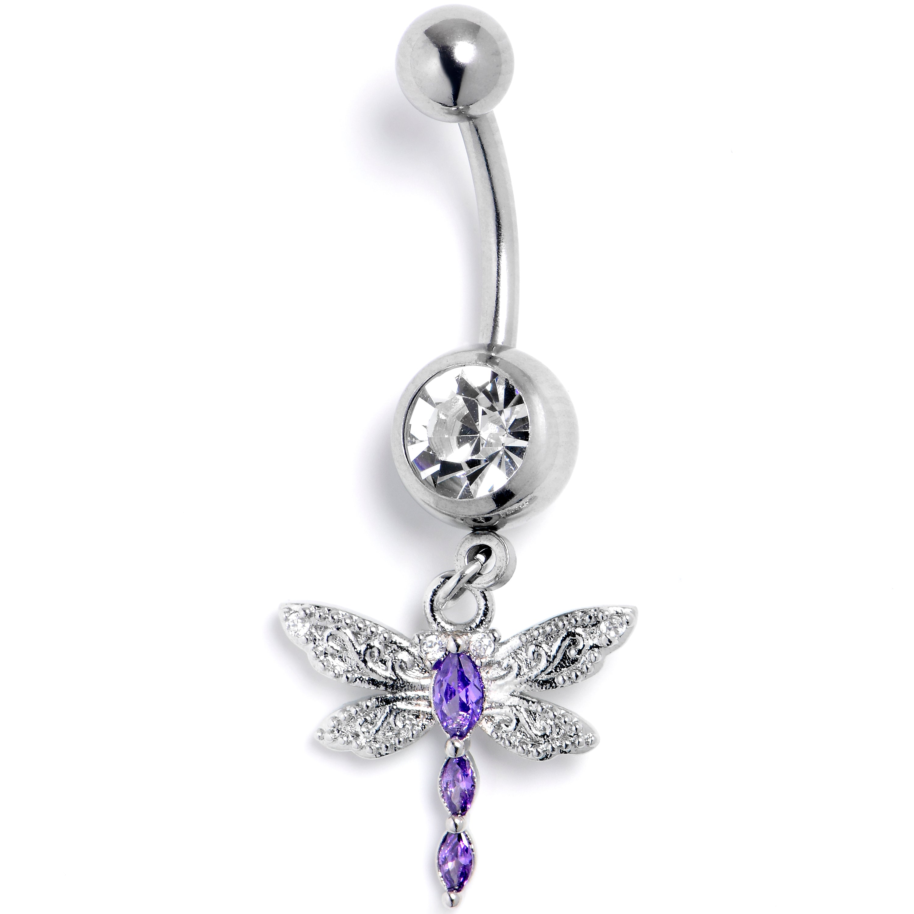 Clear Purple Gem Texture Dragonfly Dangle Belly Ring