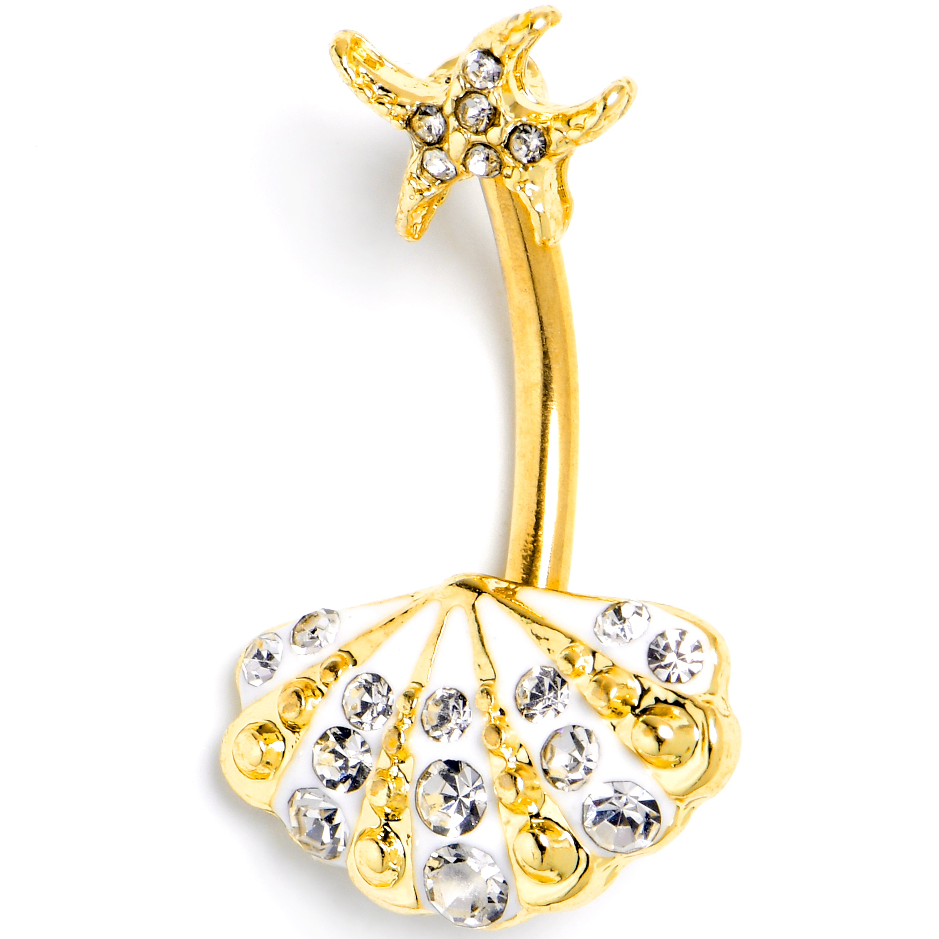 Clear Gem Gold Tone Luxe Sea Shell Glam Starfish Double Mount Belly Ring