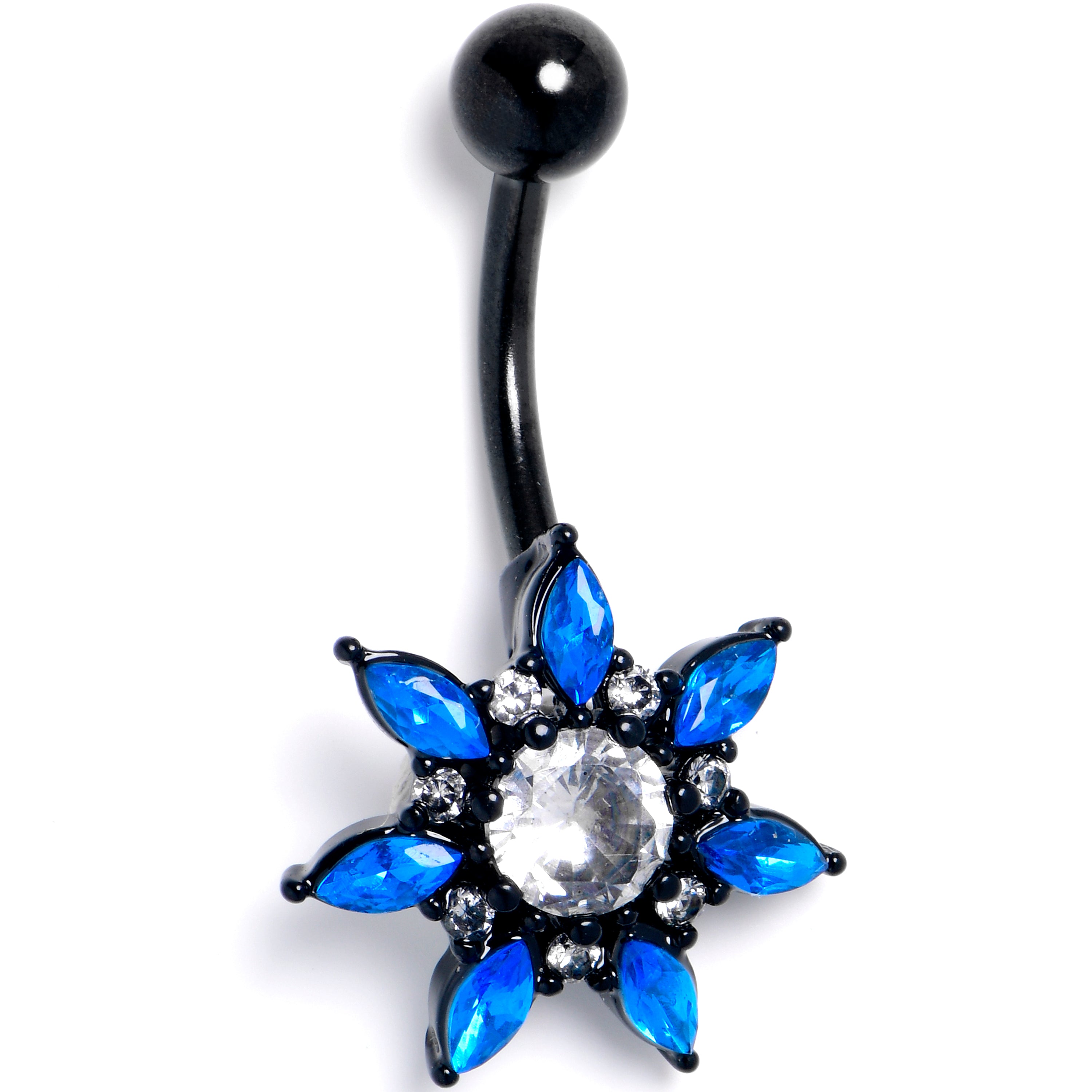 Clear Blue Gem Black Goth Flower Belly Ring