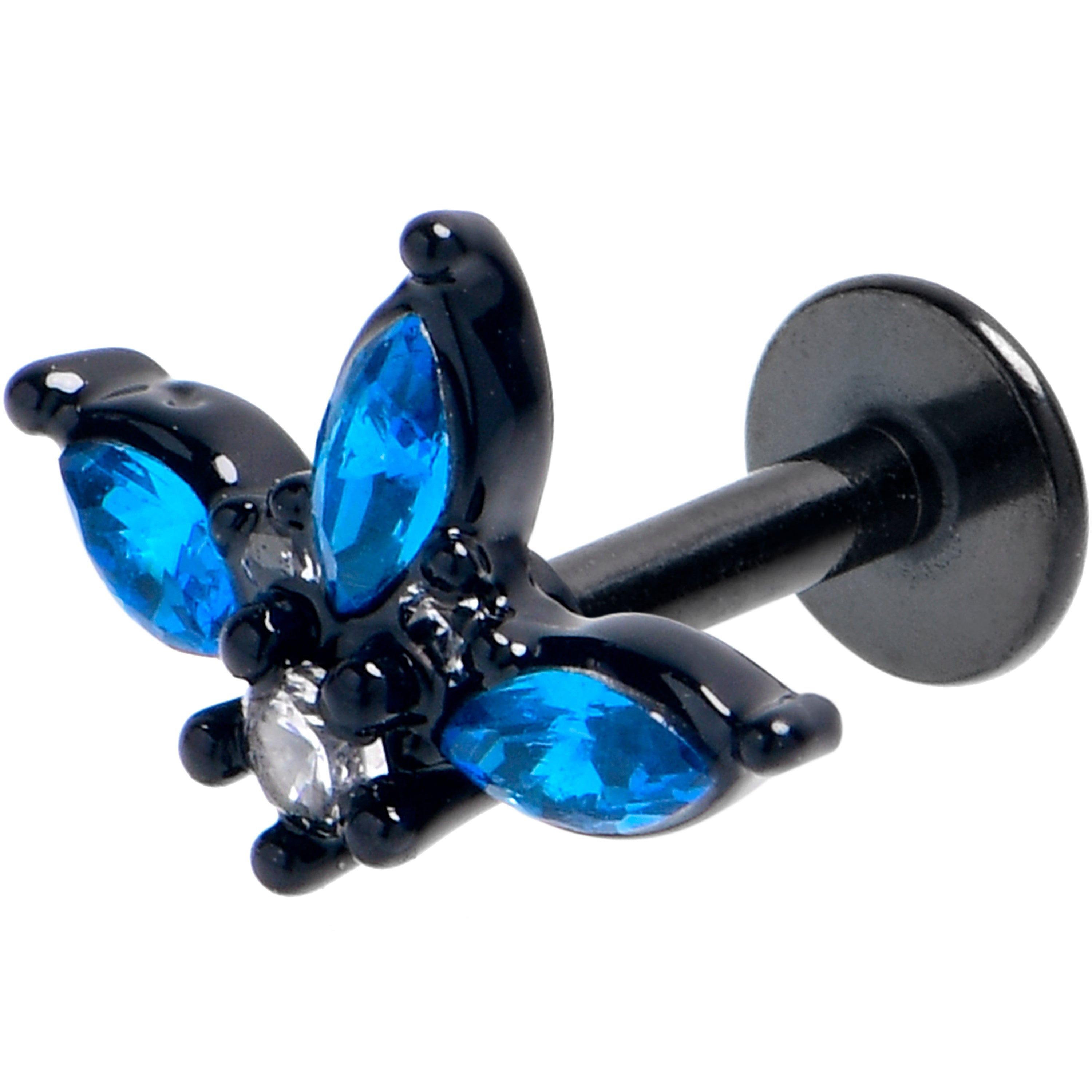 16 Gauge 1/4 Blue Clear Gem Black Goth Flower Labret Tragus