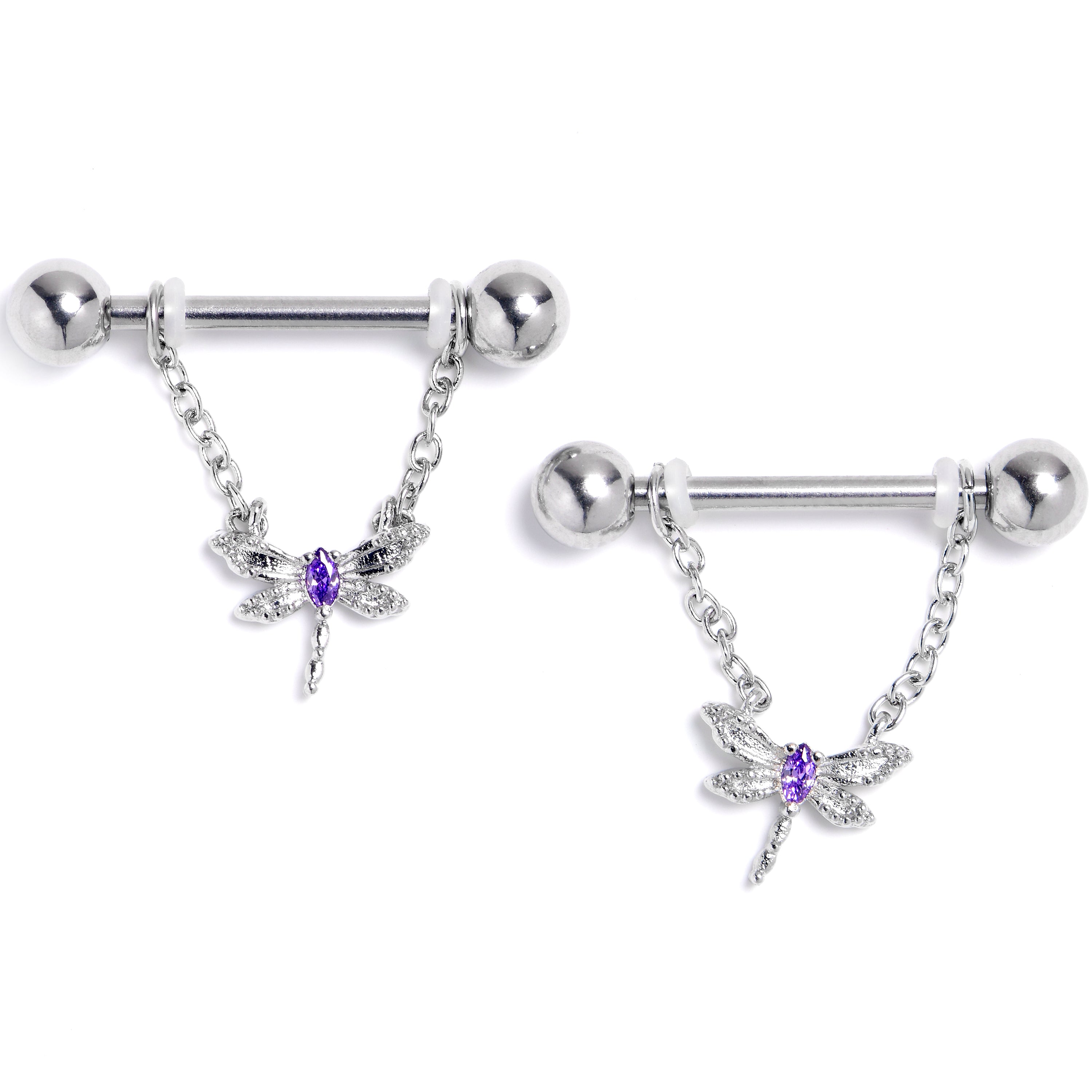 14 Gauge 9/16 Purple Gem Texture Dragonfly Dangle Nipple Ring Set