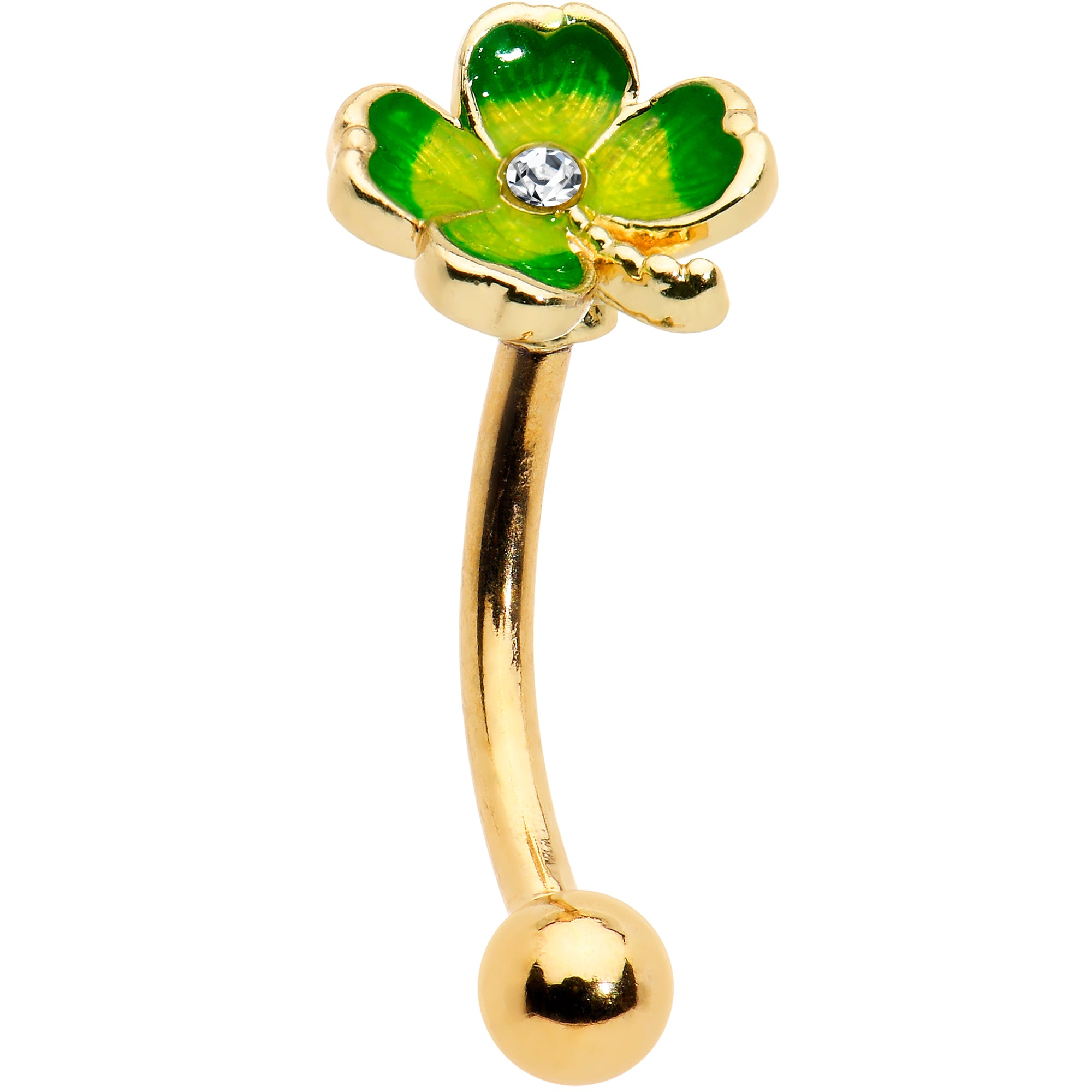 16 Gauge 5/16 Clear Gem Gold Tone Lucky Shamrock Curved Eyebrow Ring