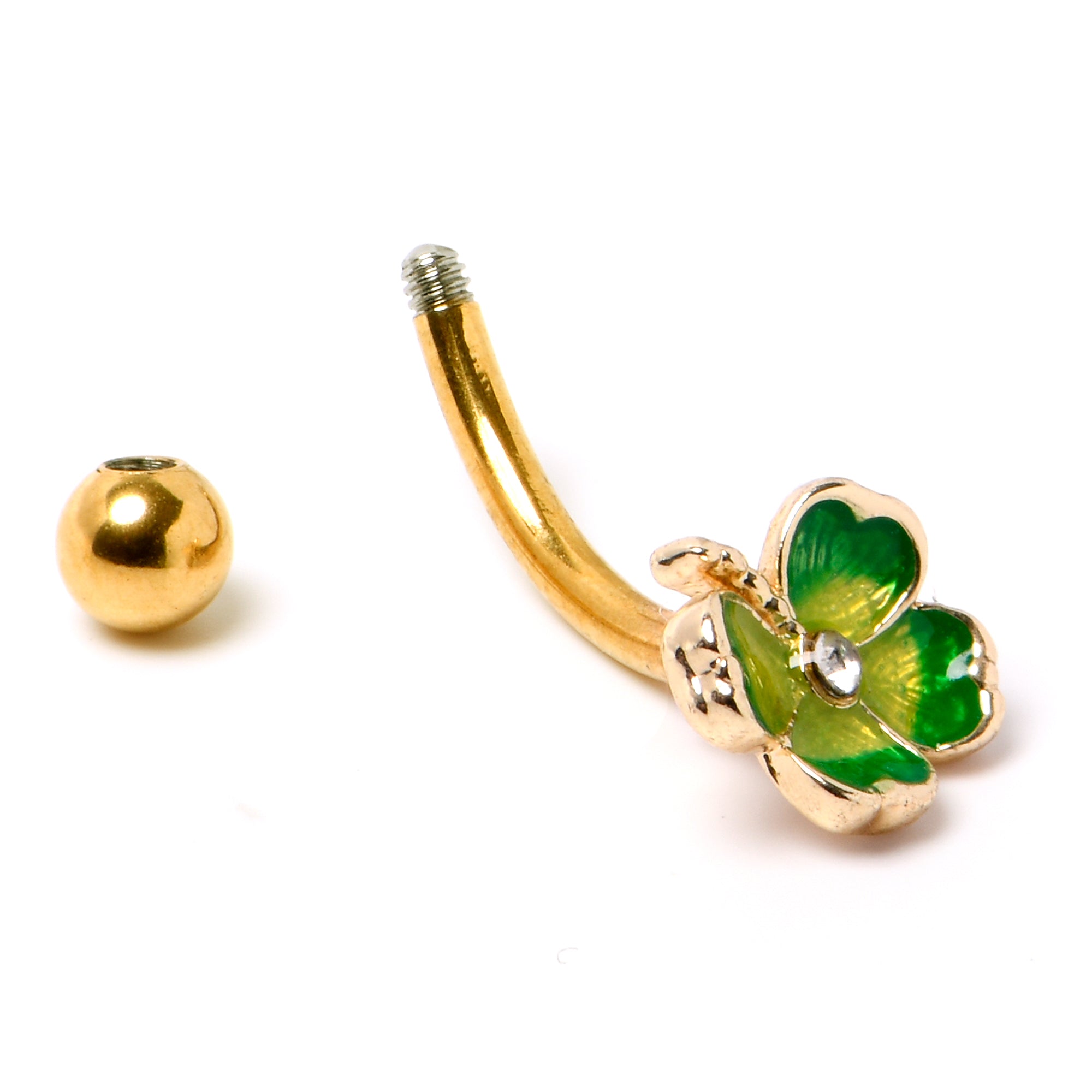 16 Gauge 5/16 Clear Gem Gold Tone Lucky Shamrock Curved Eyebrow Ring