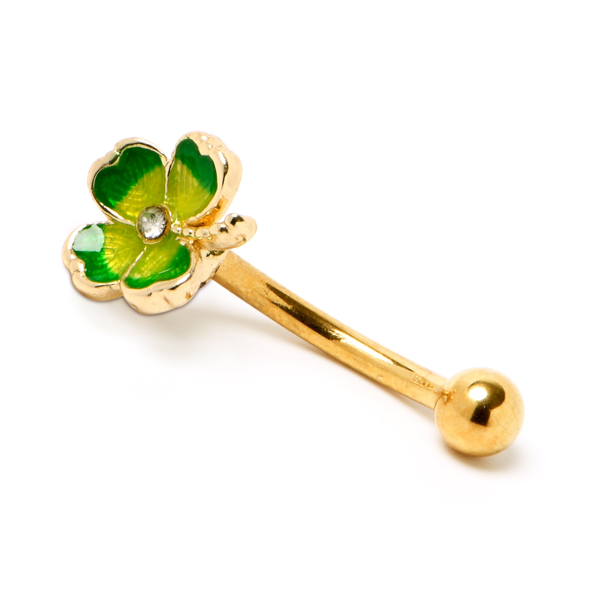 16 Gauge 5/16 Clear Gem Gold Tone Lucky Shamrock Curved Eyebrow Ring