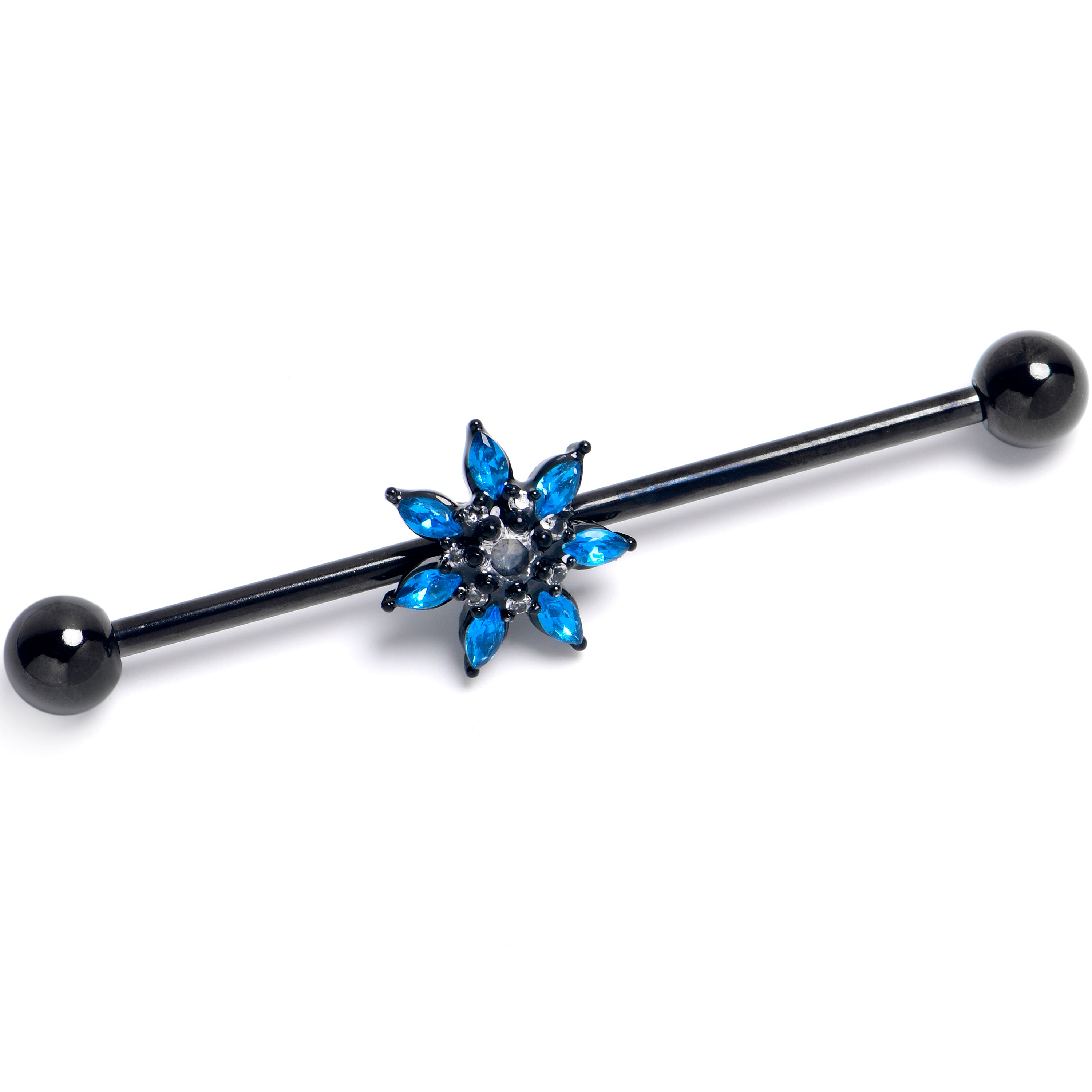 14 Gauge Blue Clear Gem Black Goth Flower Industrial Barbell 38mm