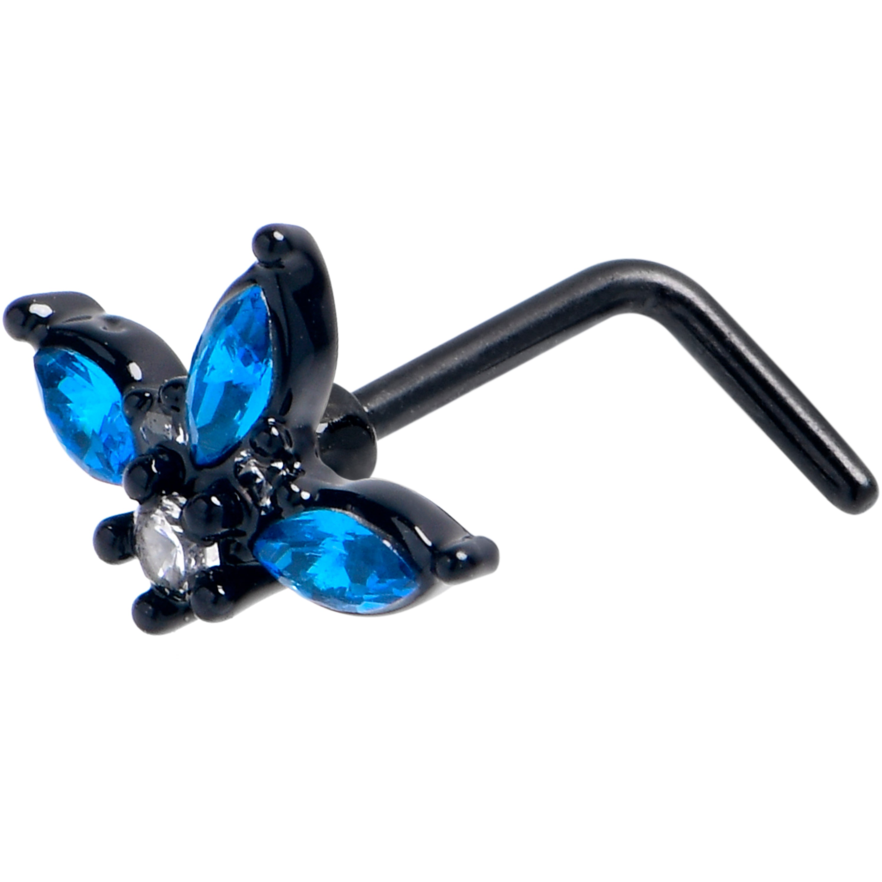 20 Gauge 7mm Blue Clear Gem Black Goth Flower L Shape Nose Ring