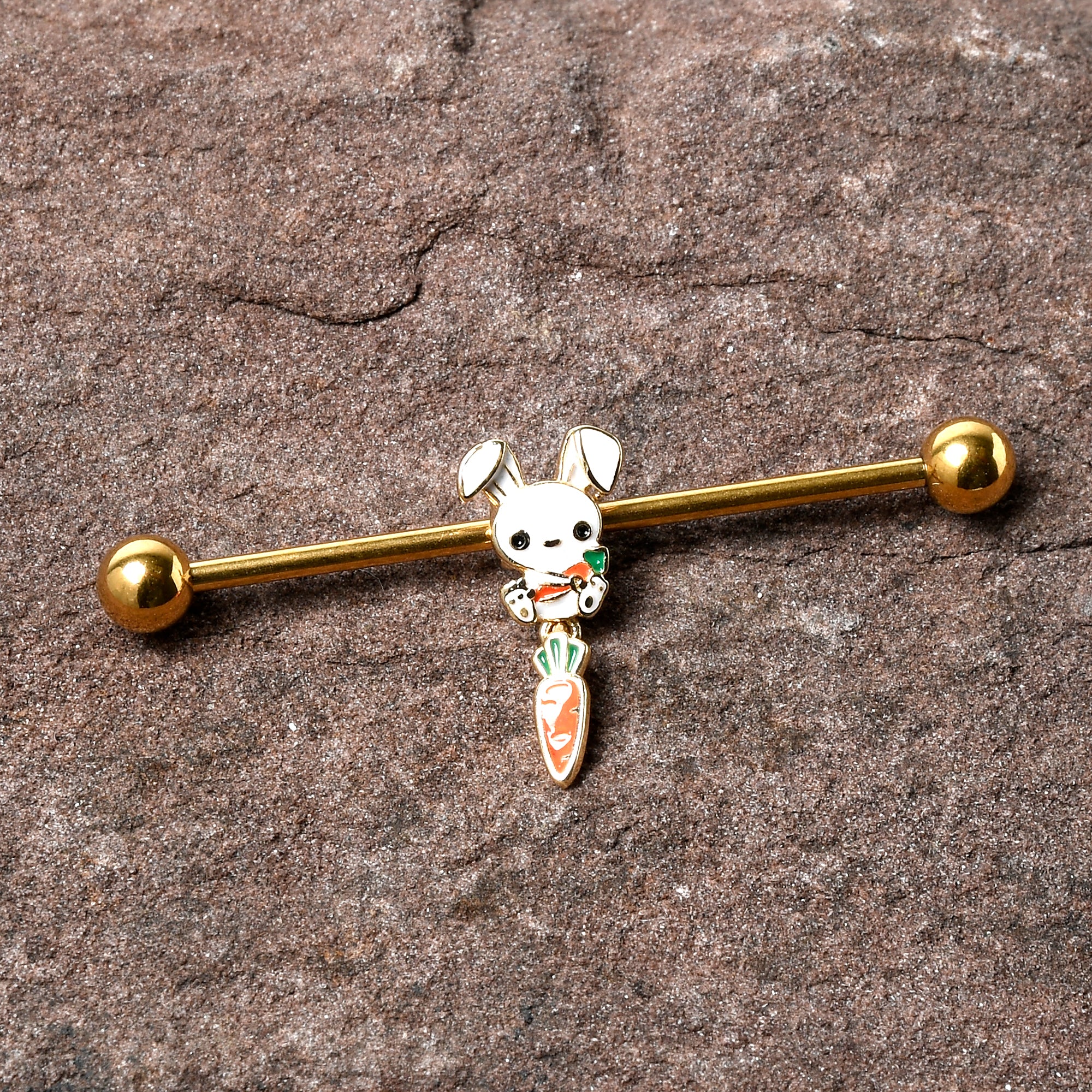 14 Gauge Gold Tone Cutie Easter Bunny Dangle Industrial Barbell 38mm