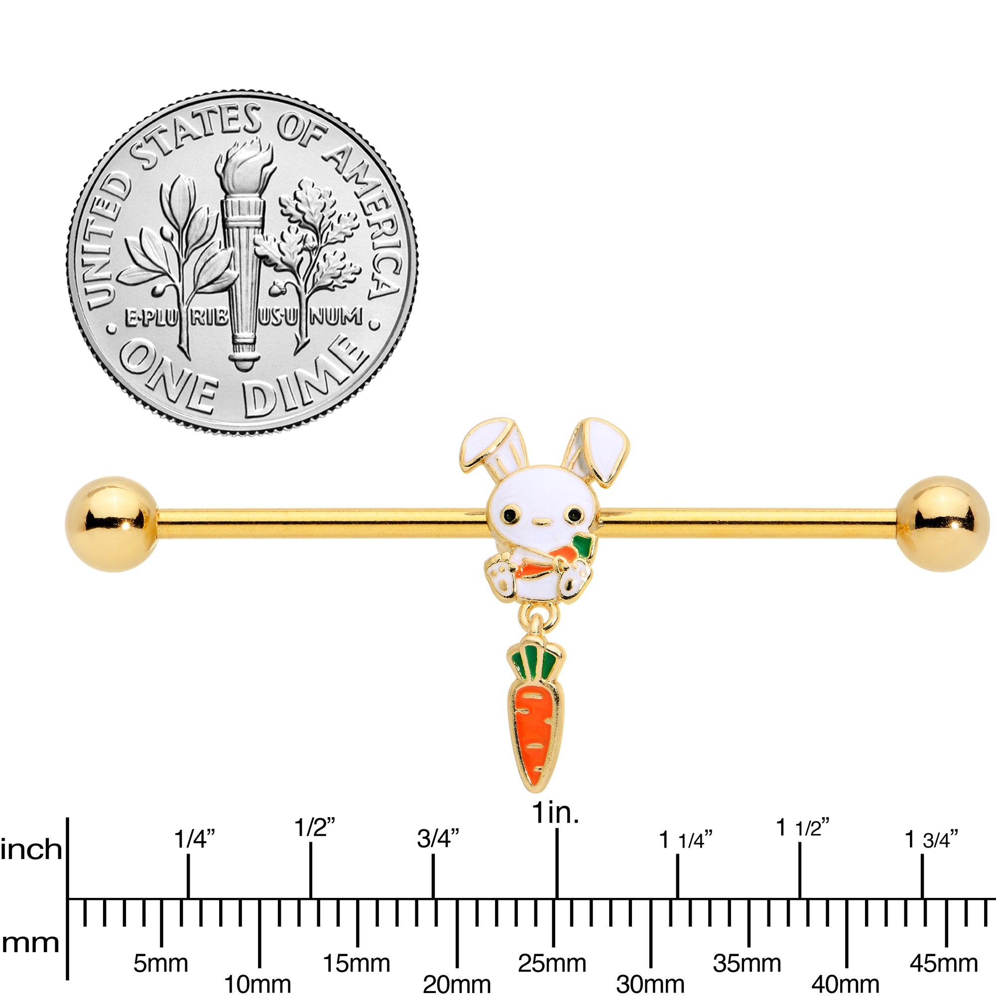 14 Gauge Gold Tone Cutie Easter Bunny Dangle Industrial Barbell 38mm