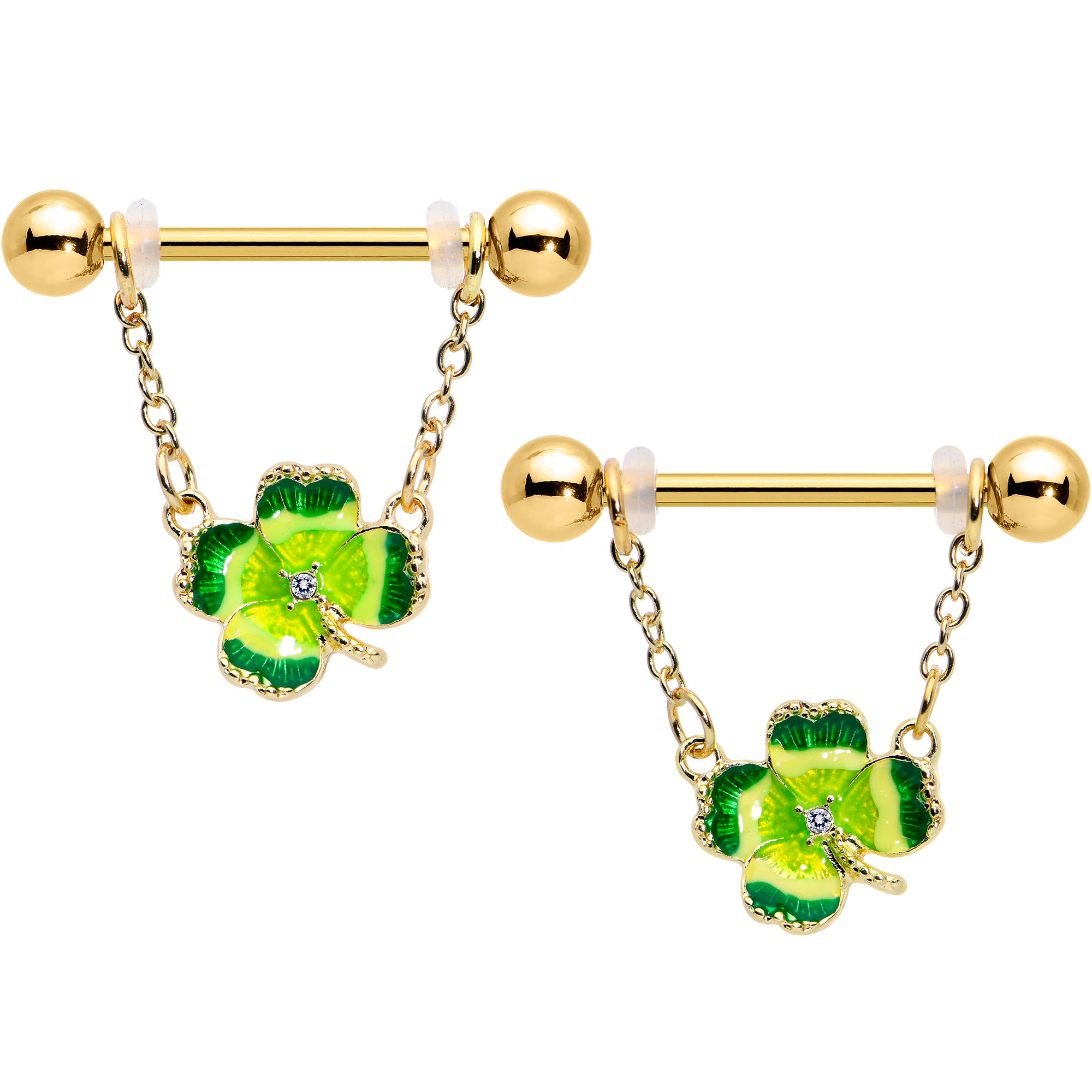 14 Gauge 9/16 Clear Gem Gold Hue Lucky Shamrock Dangle Nipple Ring Set