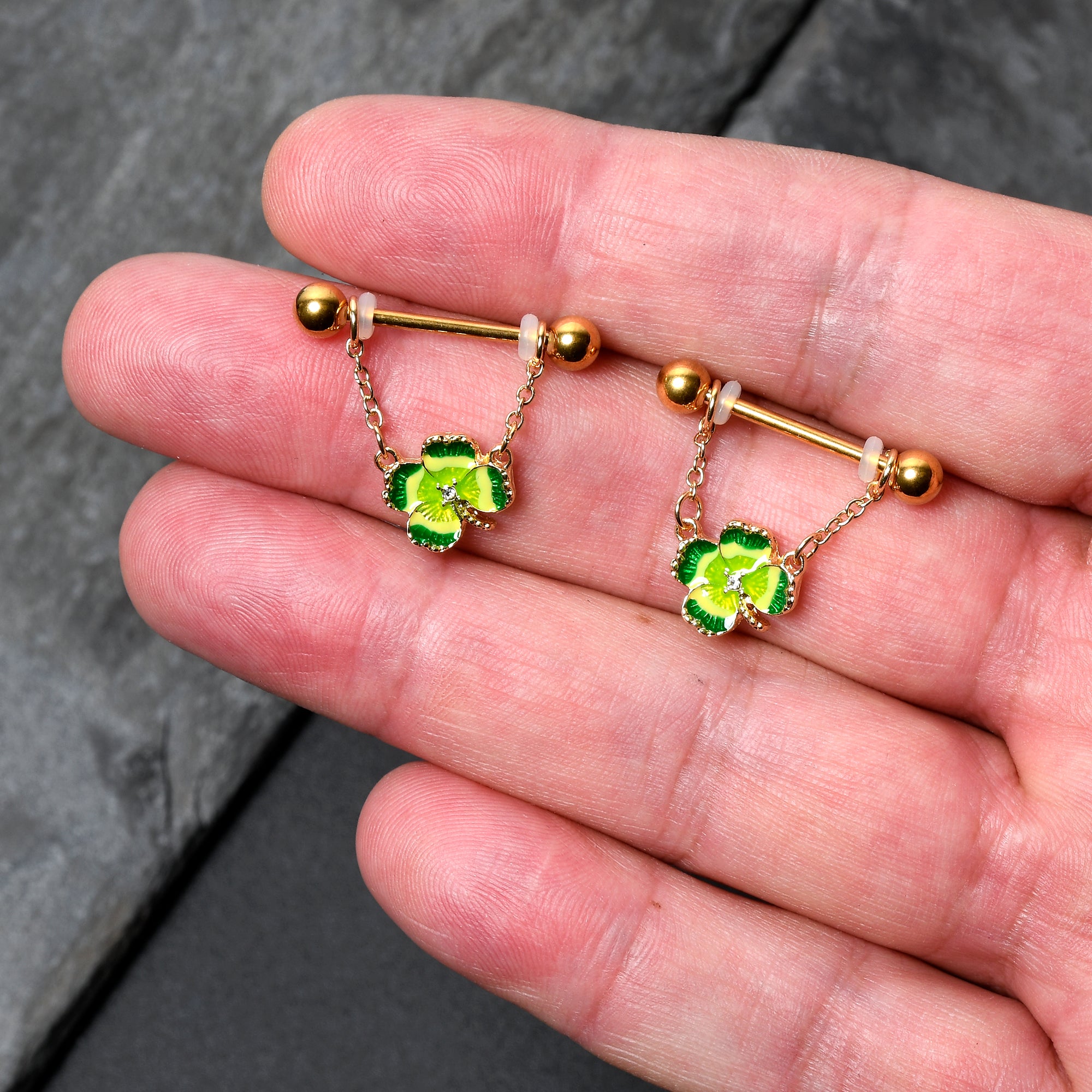 14 Gauge 9/16 Clear Gem Gold Hue Lucky Shamrock Dangle Nipple Ring Set