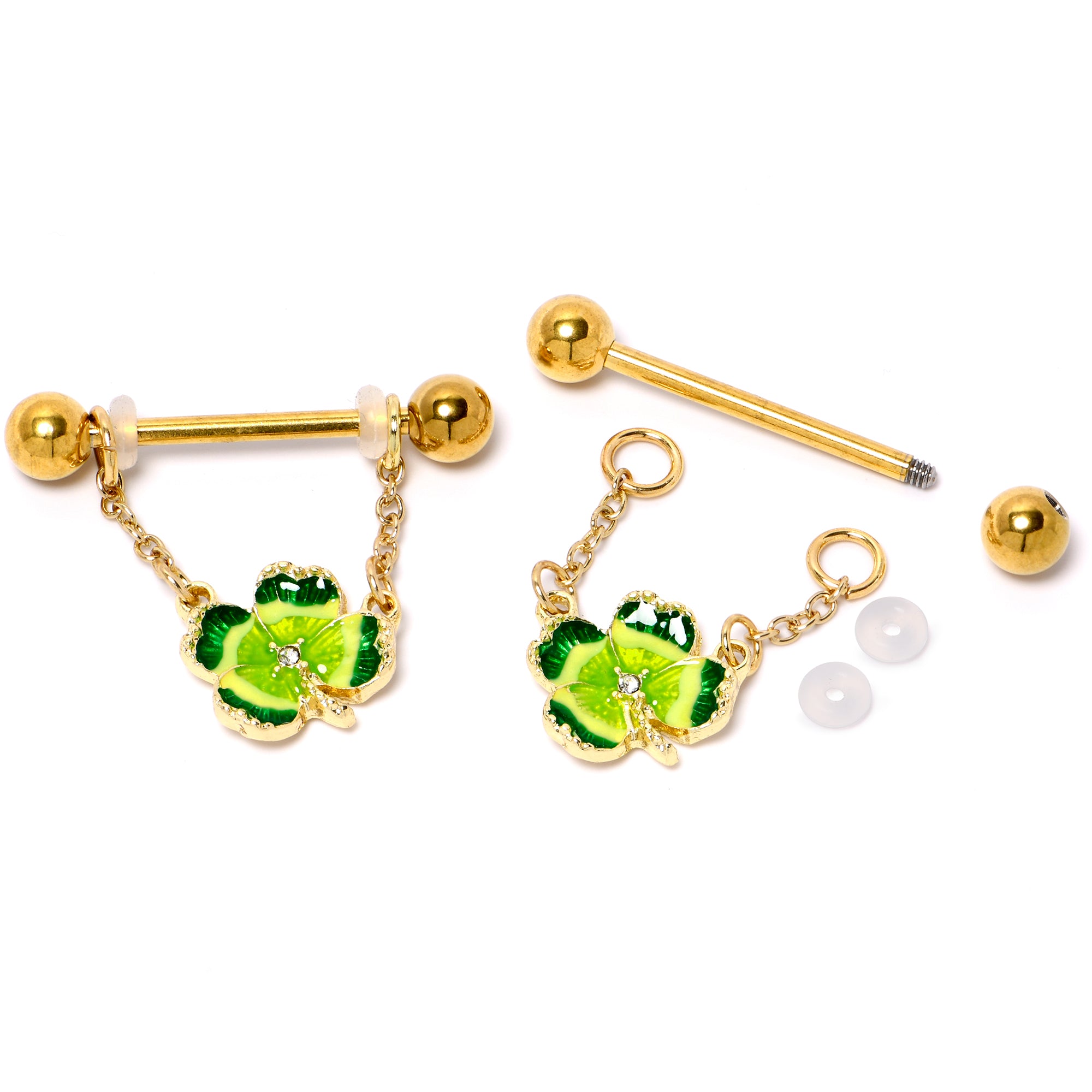 14 Gauge 9/16 Clear Gem Gold Hue Lucky Shamrock Dangle Nipple Ring Set